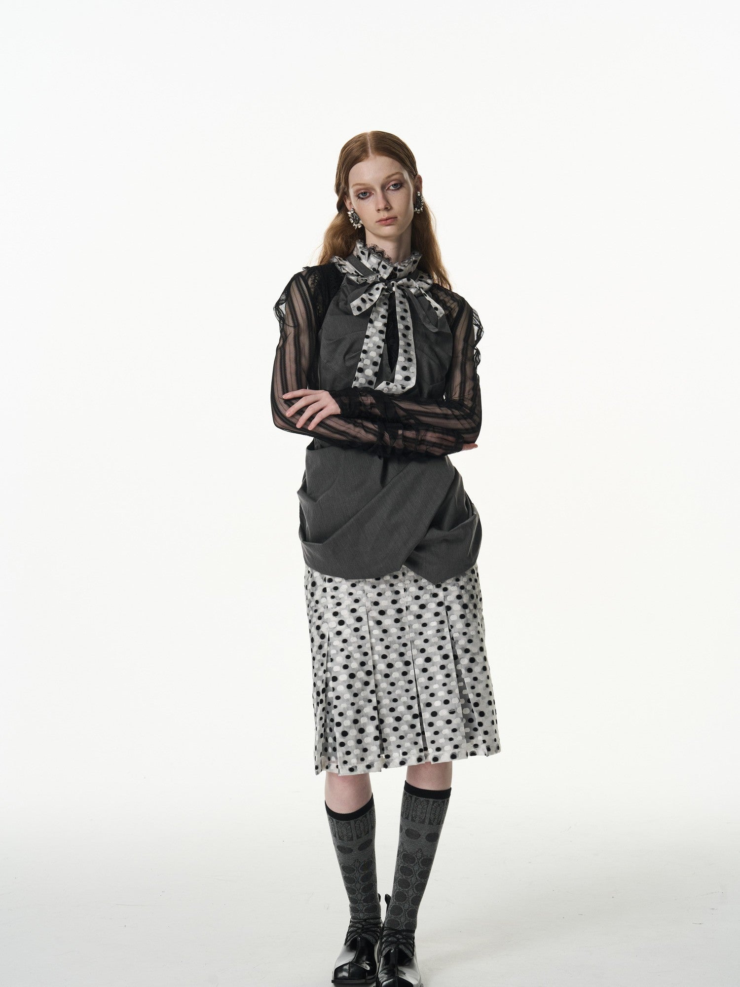 popoop Black White Polka Dot Panelled Pleated Convertible Women&