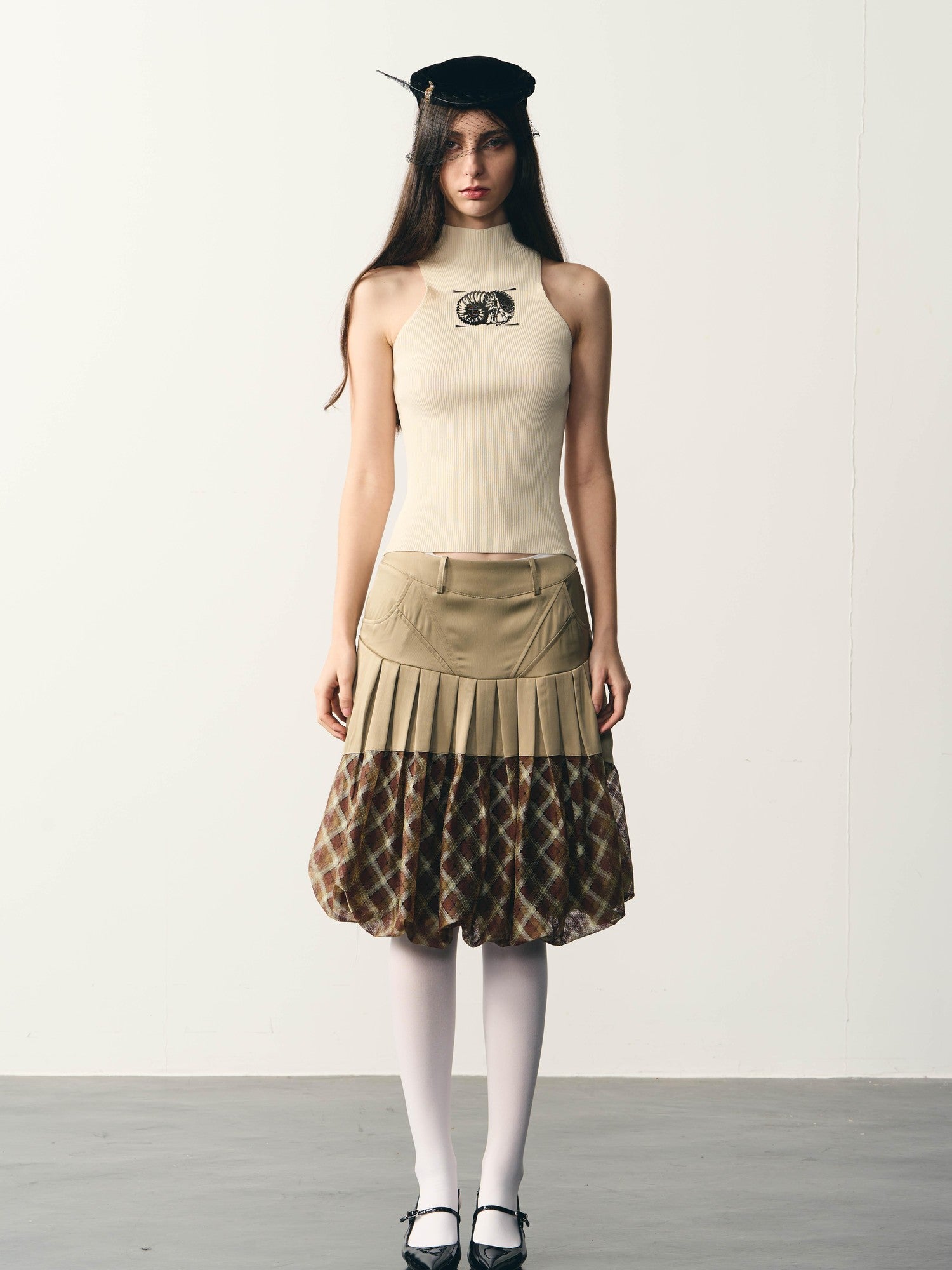 popoop Champagne Pleated Checked Tulle Low Waist Women&