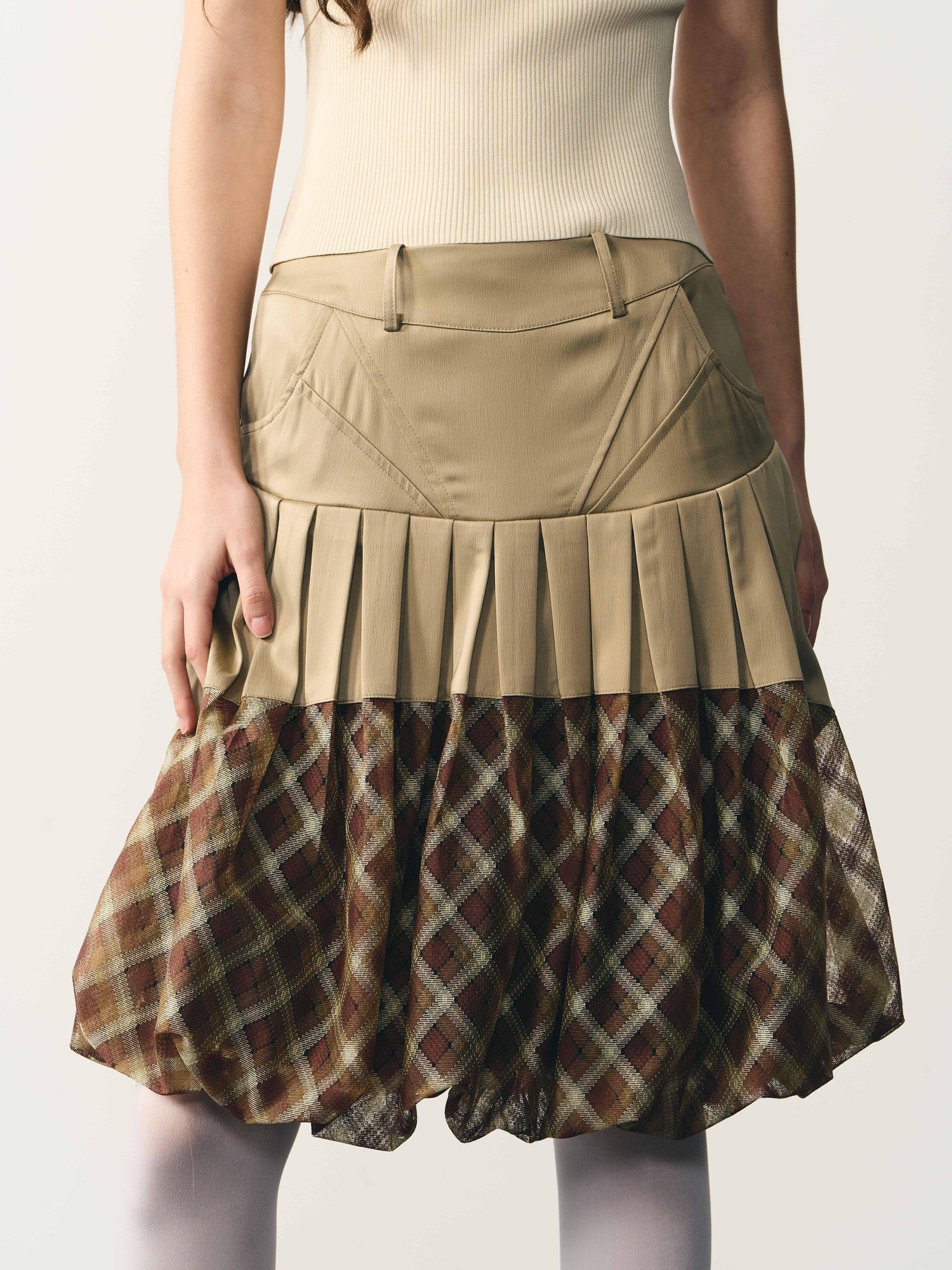 popoop Champagne Pleated Checked Tulle Low Waist Women&