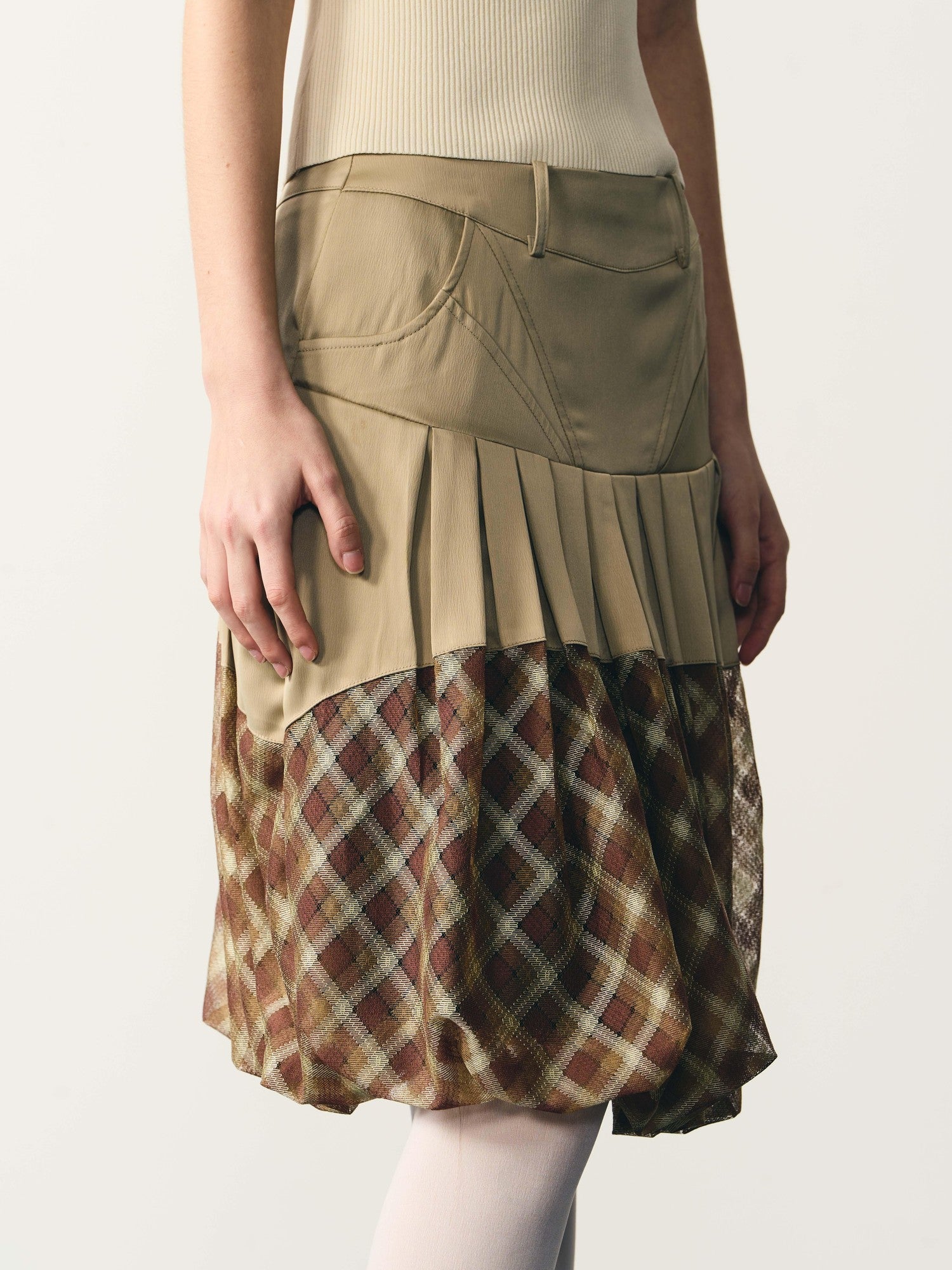 popoop Champagne Pleated Checked Tulle Low Waist Women&
