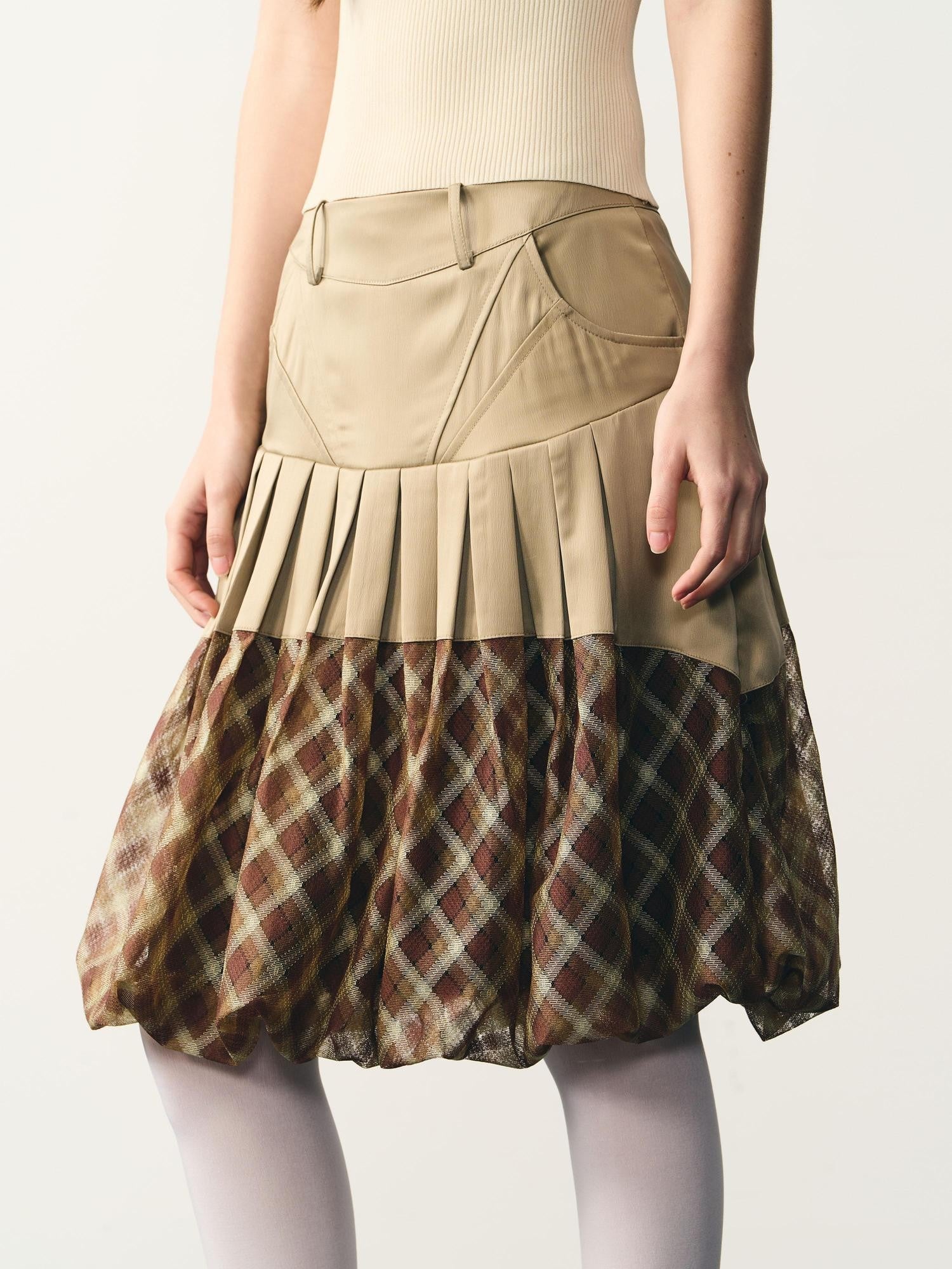 popoop Champagne Pleated Checked Tulle Low Waist Women&