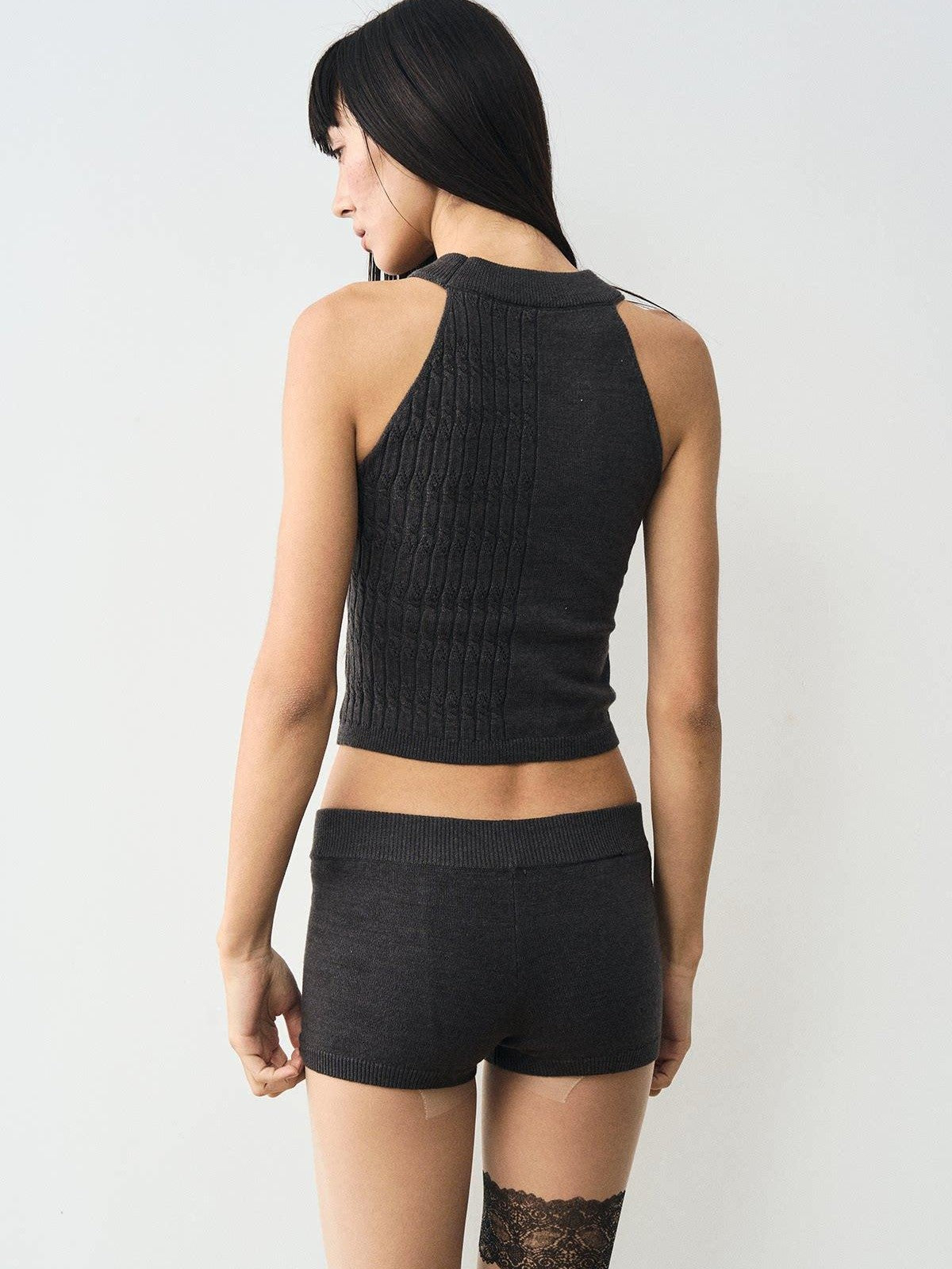 popoop Charcoal Cable Knit Distressed Print Women&