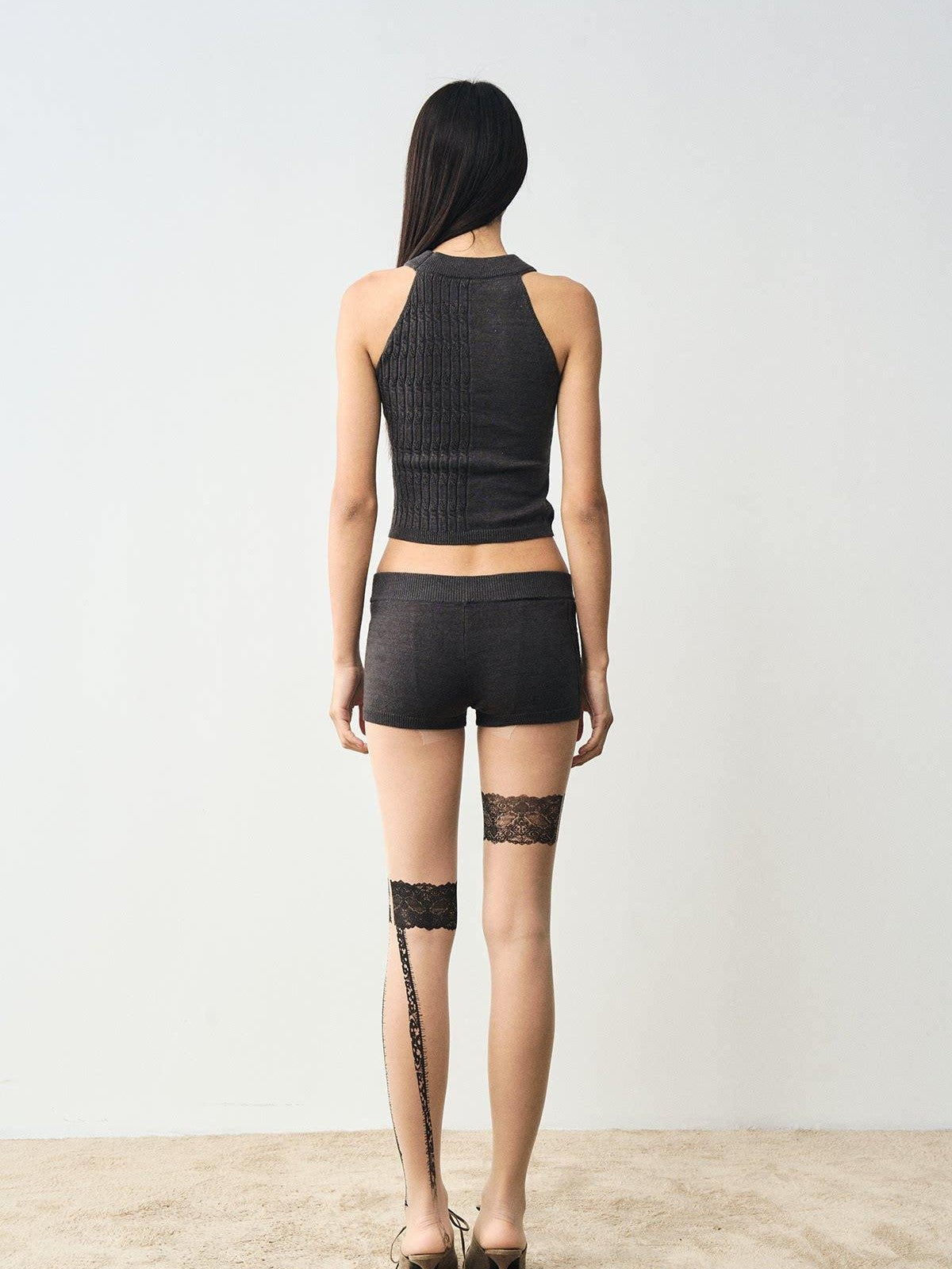 popoop Charcoal Cable Knit Distressed Print Women&