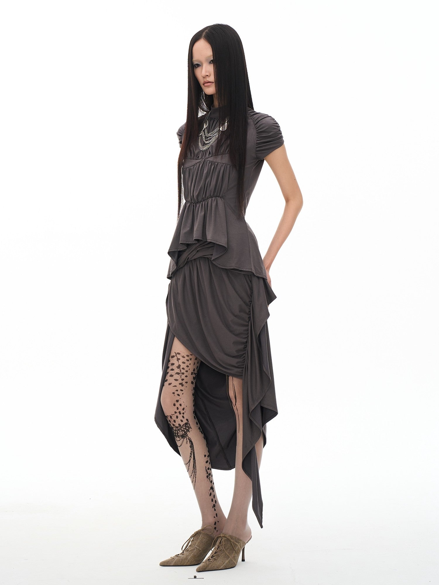 popoop Dark Gray Medieval Pleated Mock Neck Cinched Waist Women&