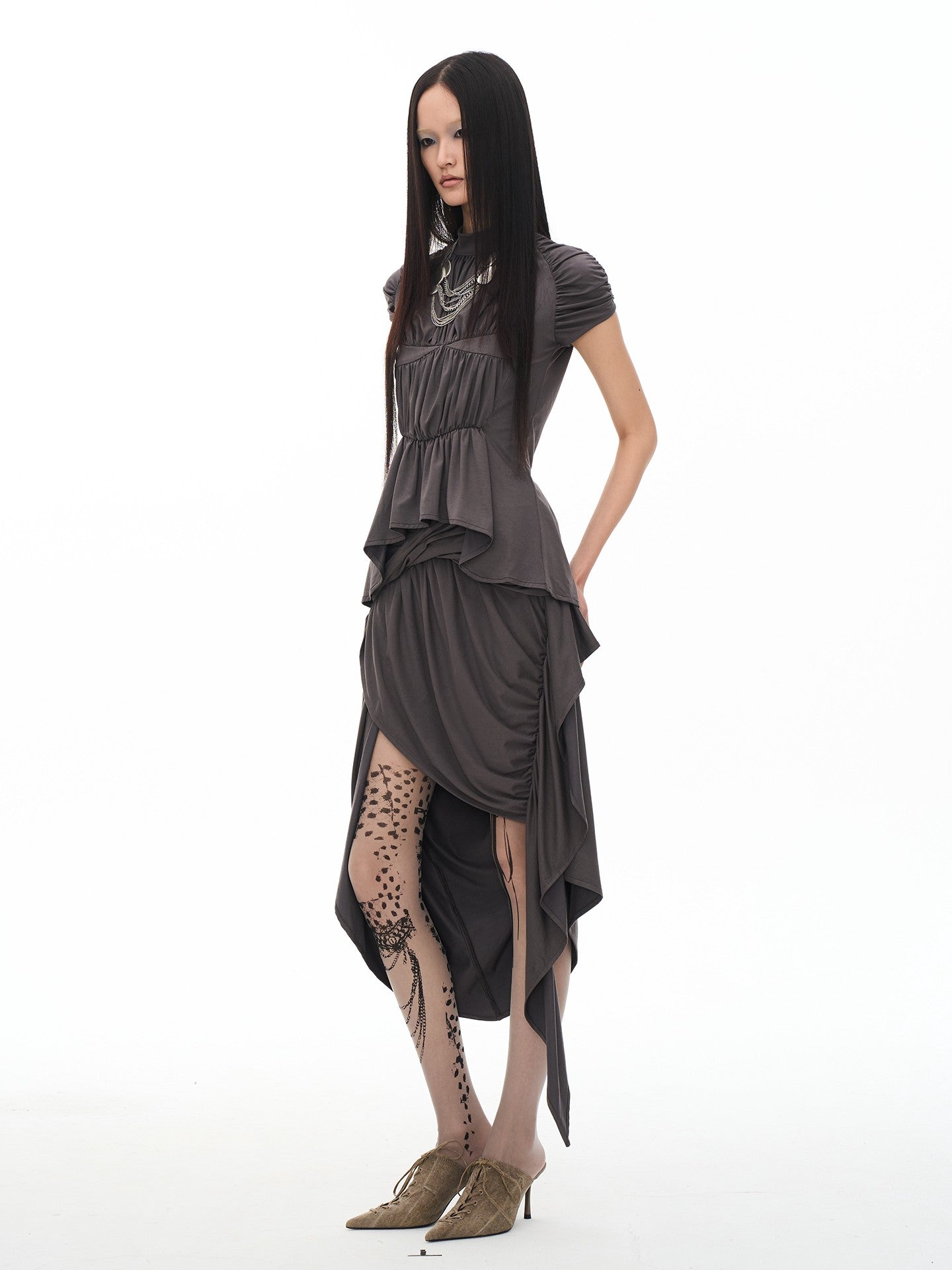 popoop Dark Gray Medieval Pleated Mock Neck Cinched Waist Women&