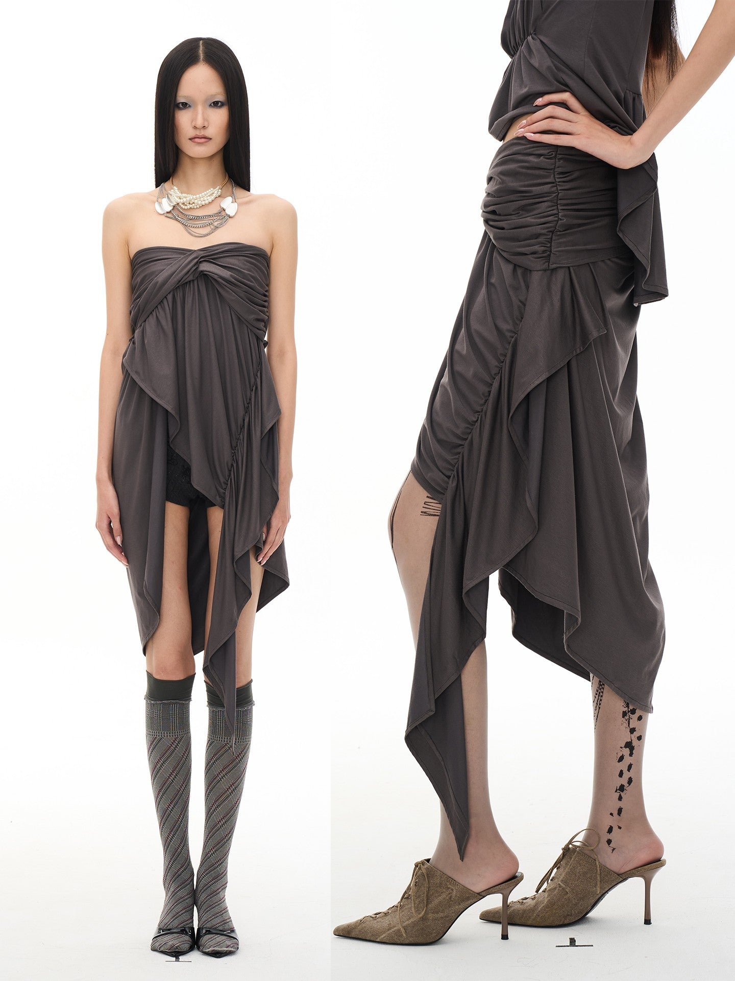 popoop Dark Gray Pleated Asymmetric Convertible Women&