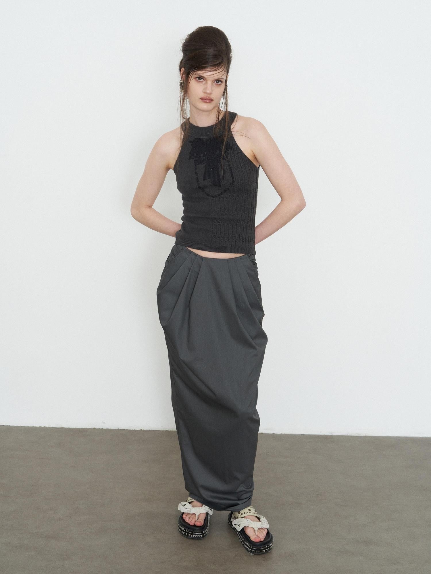 popoop Dark Gray Pleated Drapey Layered Floor Length Women&