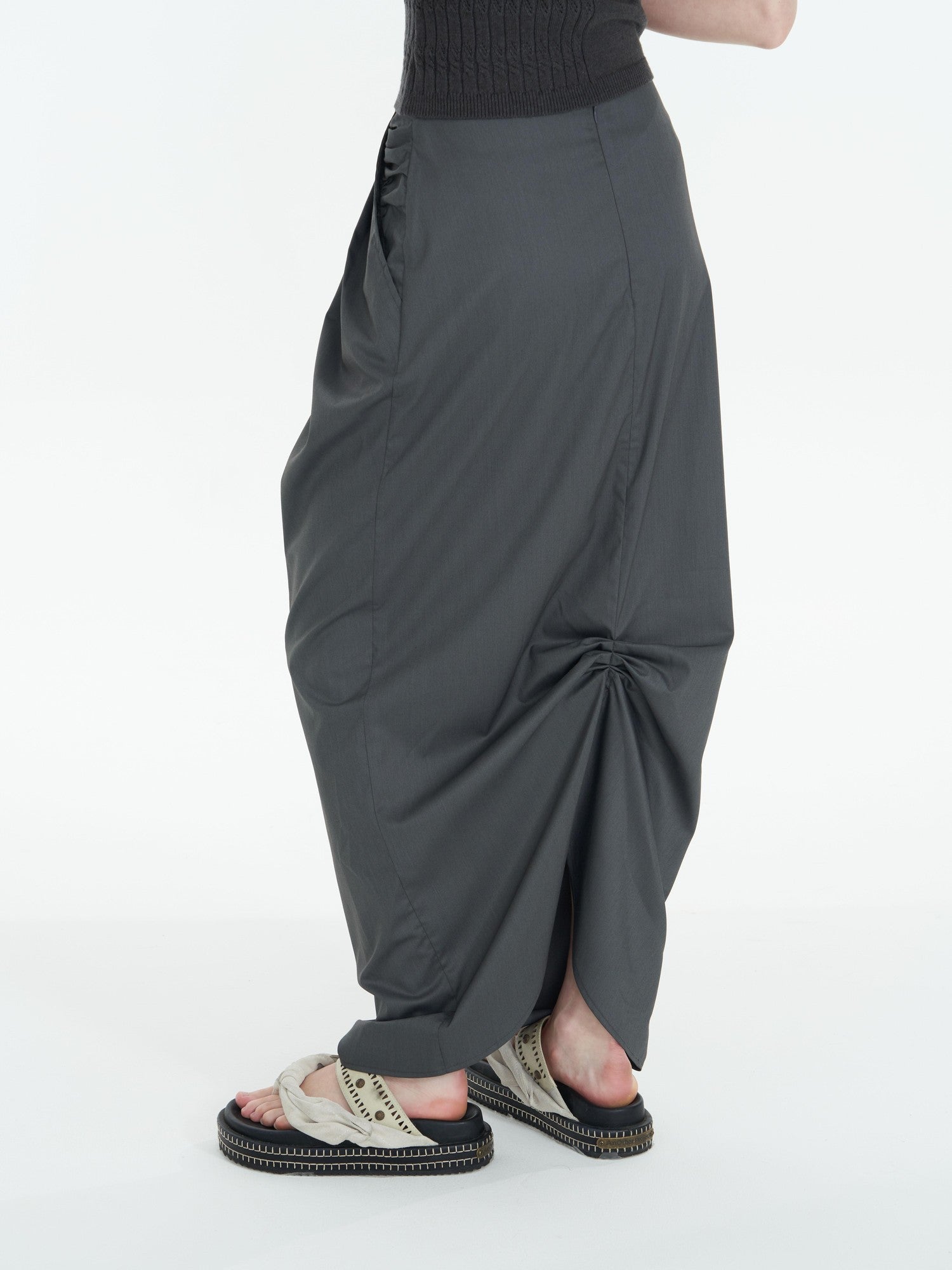 popoop Dark Gray Pleated Drapey Layered Floor Length Women&