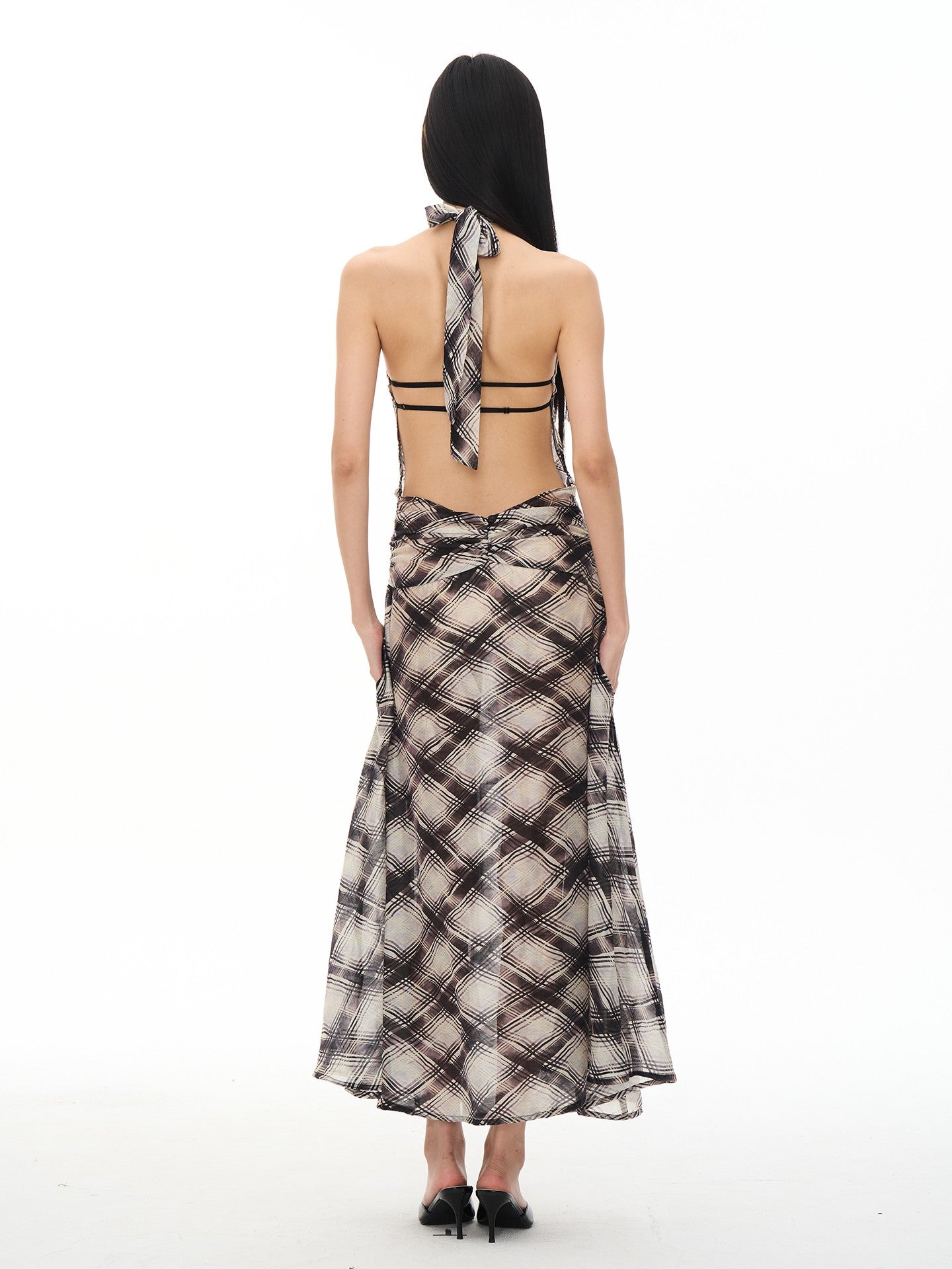 popoop Dark Purple Irregular Check Backless Ruched Women&