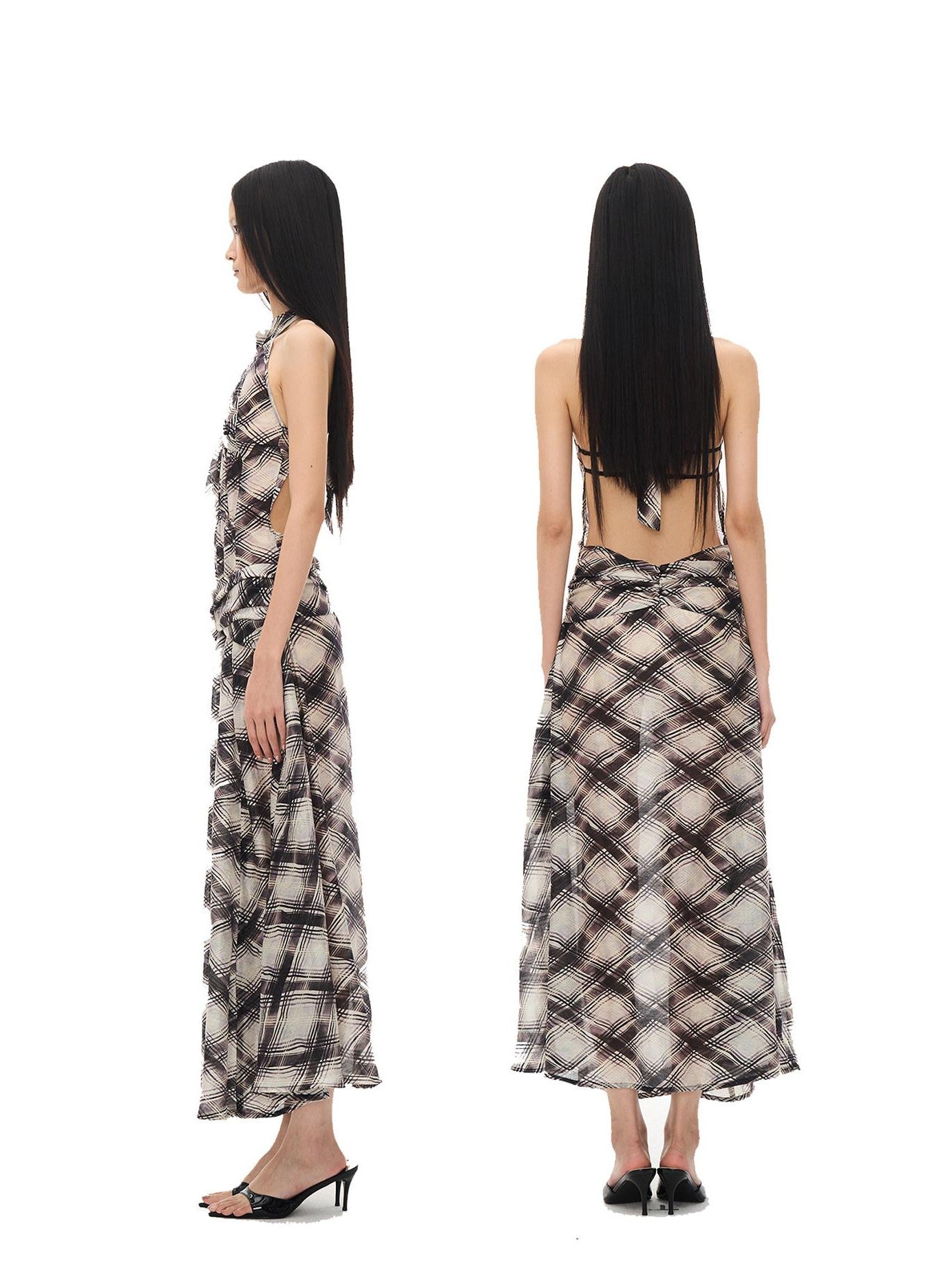 popoop Dark Purple Irregular Check Backless Ruched Women&