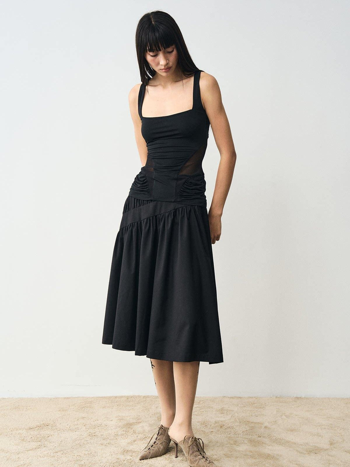 popoop Designer Spliced Panel Ruched Open Back Women&