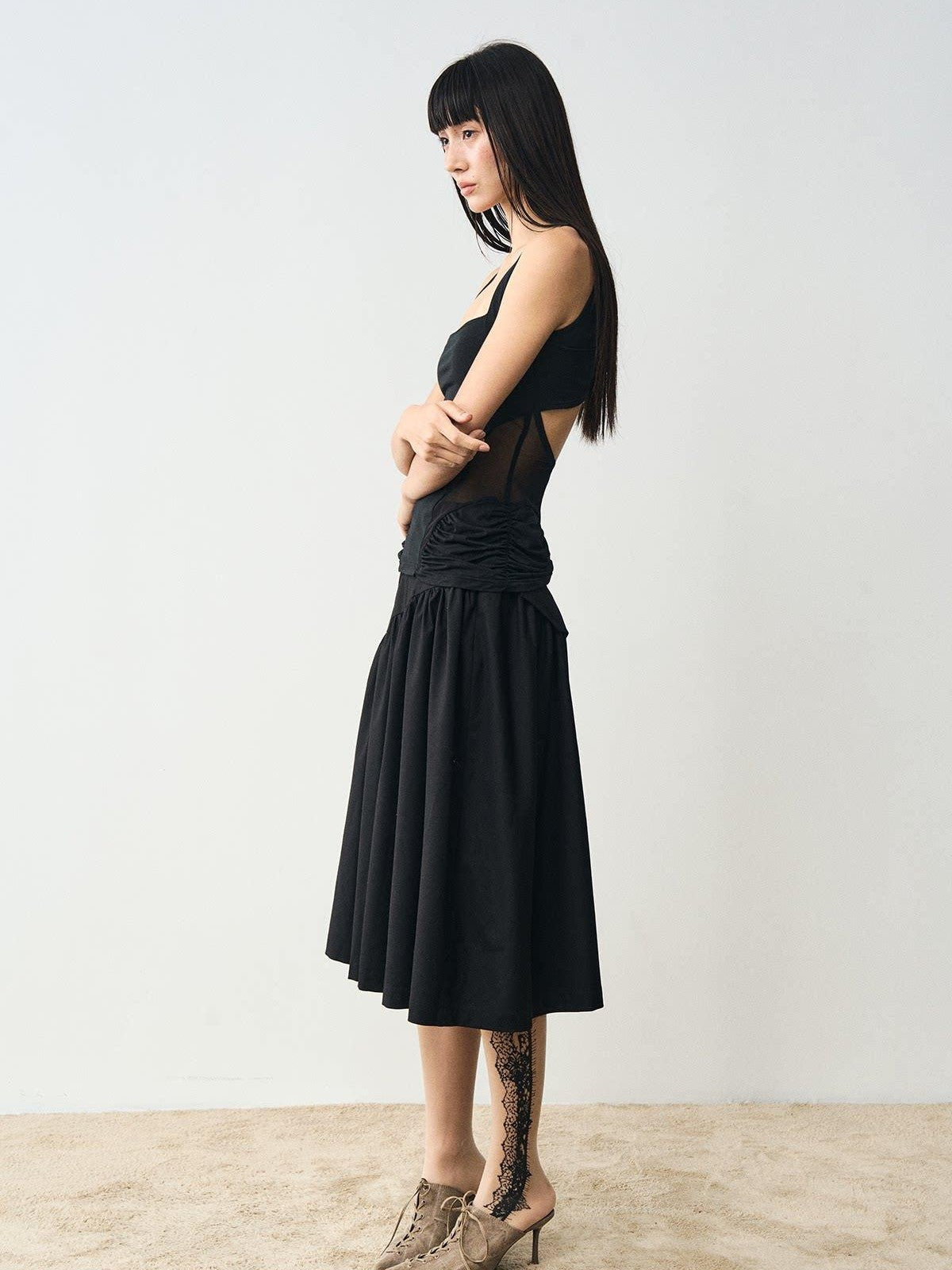 popoop Designer Spliced Panel Ruched Open Back Women&