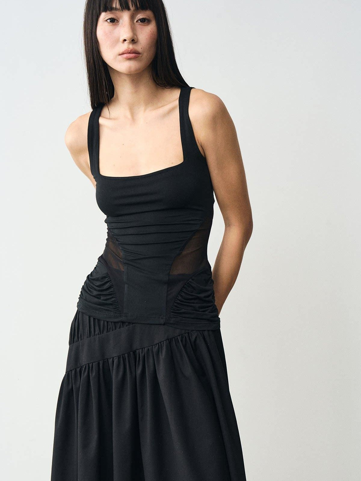 popoop Designer Spliced Panel Ruched Open Back Women&