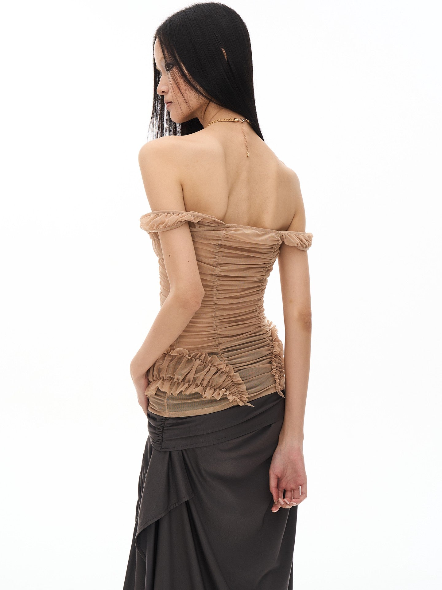popoop Khaki Nude Ruched Slim Fit Straight Neck Women&