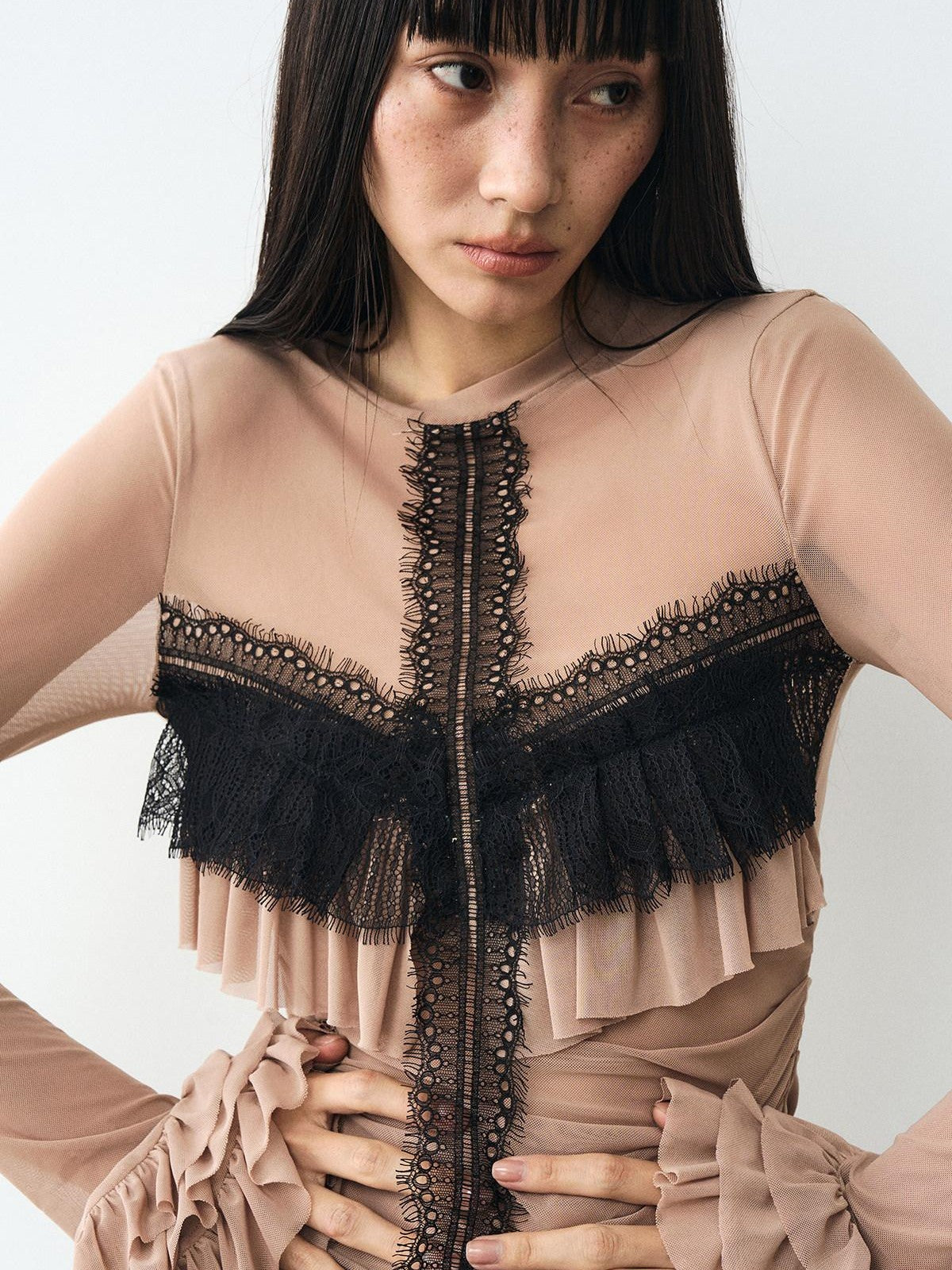 popoop Light Coffee Lace Panel Heavy Ruffle Sleeve Women&