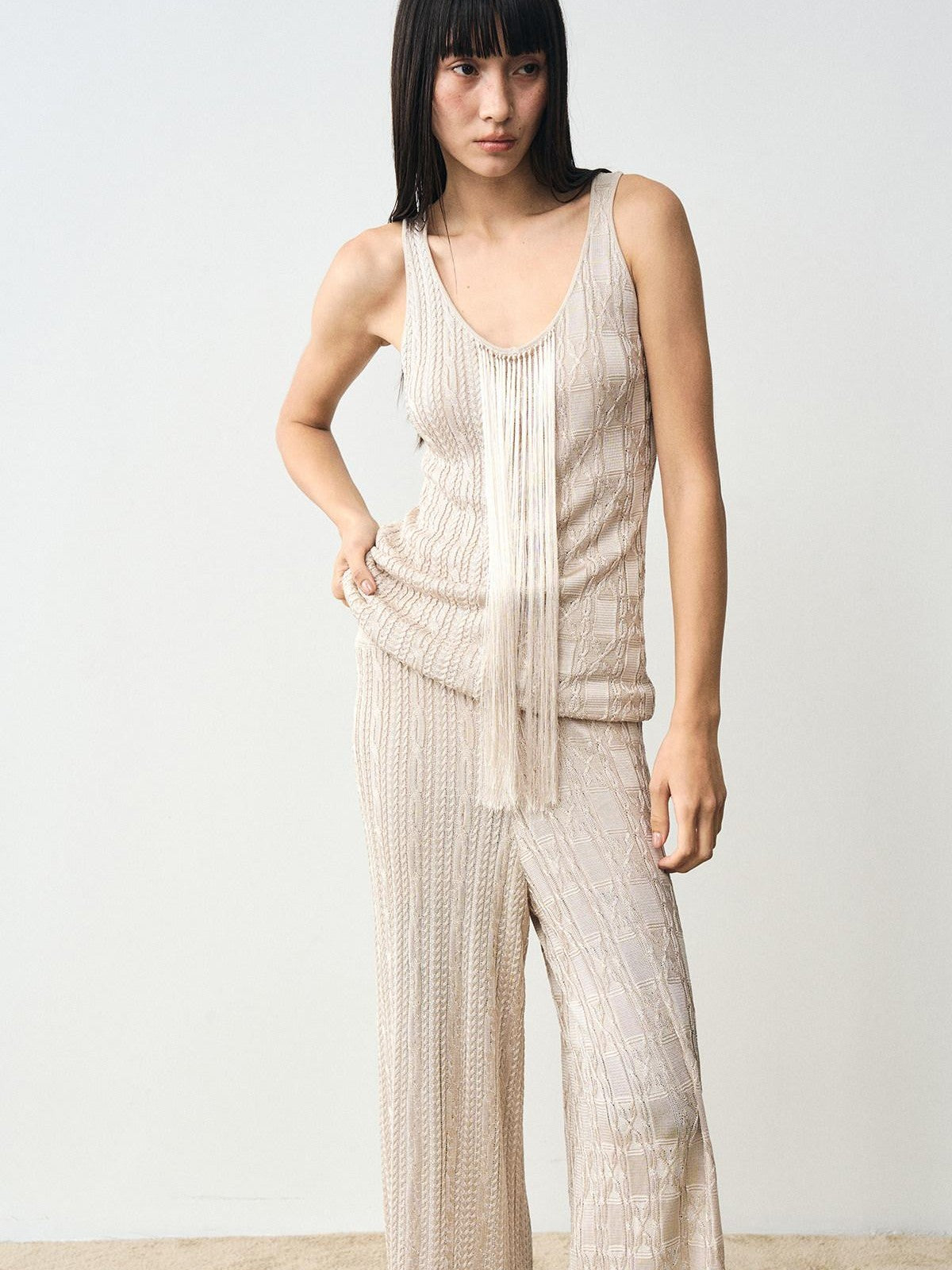 popoop Platinum Tassel Cable Backless Cami Loose Women&