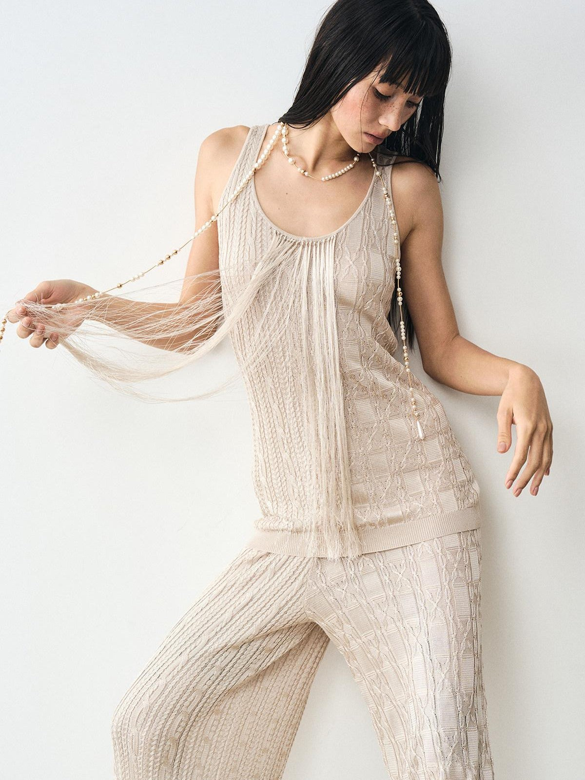 popoop Platinum Tassel Cable Backless Cami Loose Women&