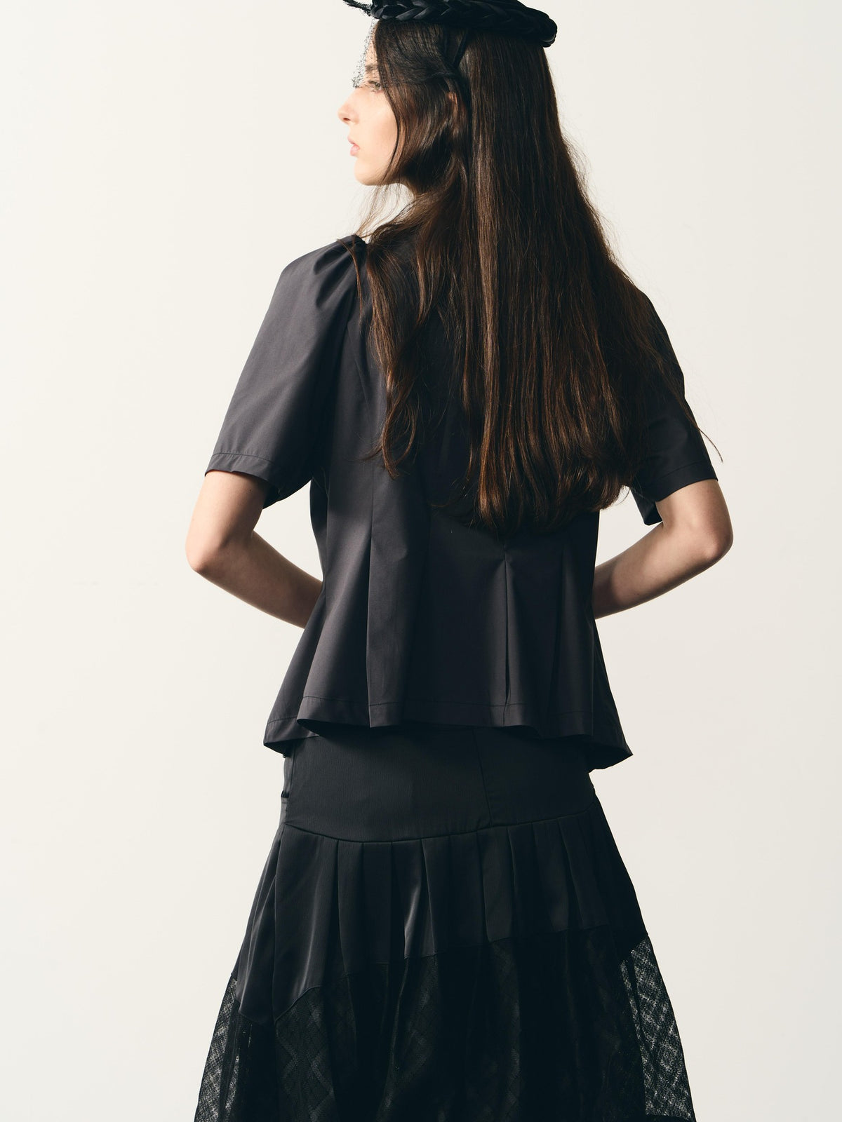 popoop Solid Color Folded Structure Stand Collar Zip Short Sleeve Women&