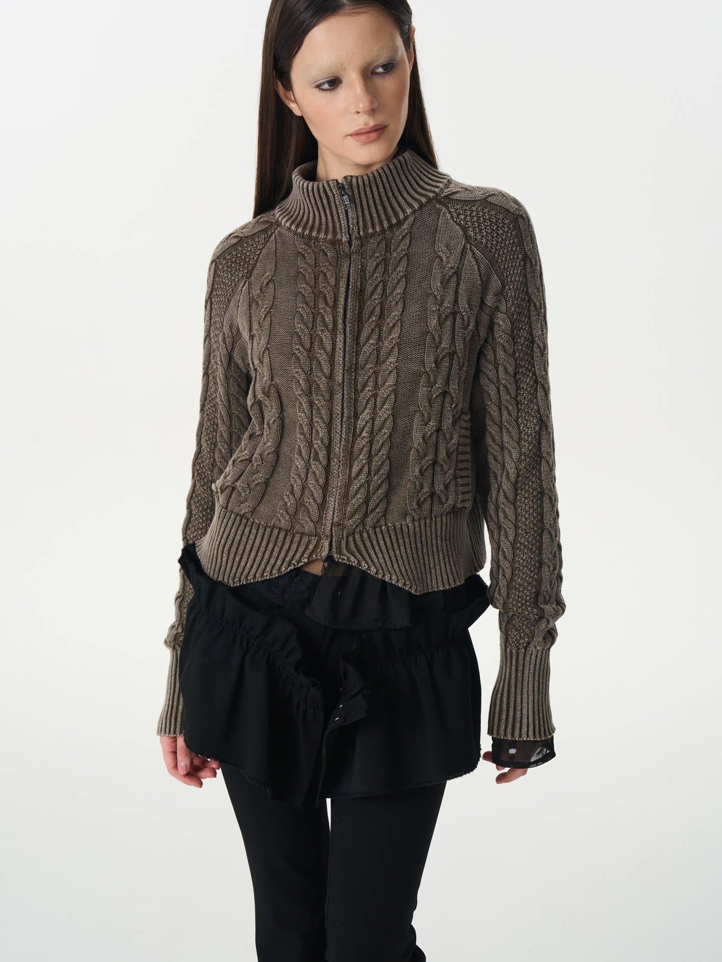 popoop Washed Brown Green Cable Knit Zip Stand Collar Women&