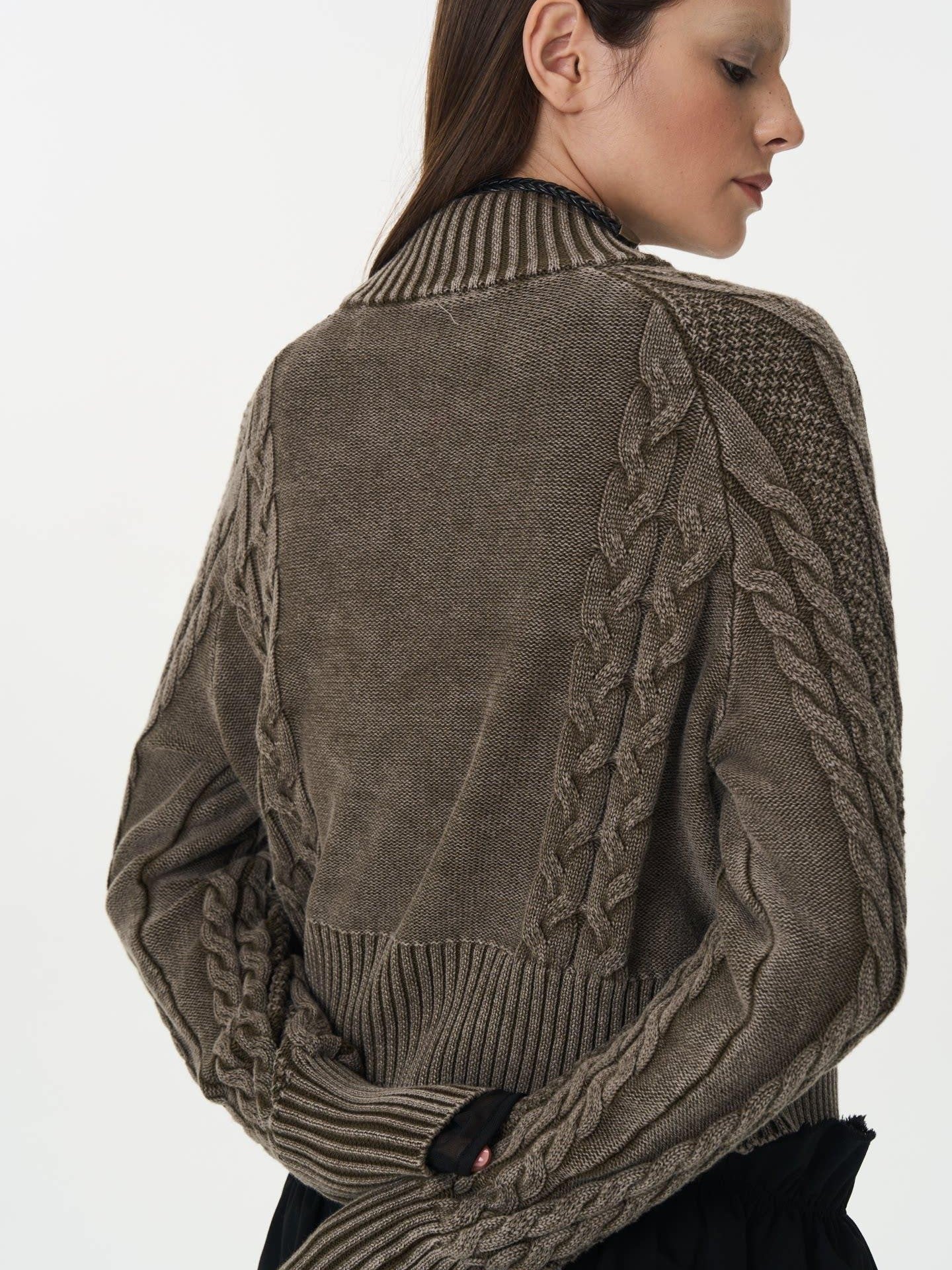 popoop Washed Brown Green Cable Knit Zip Stand Collar Women&