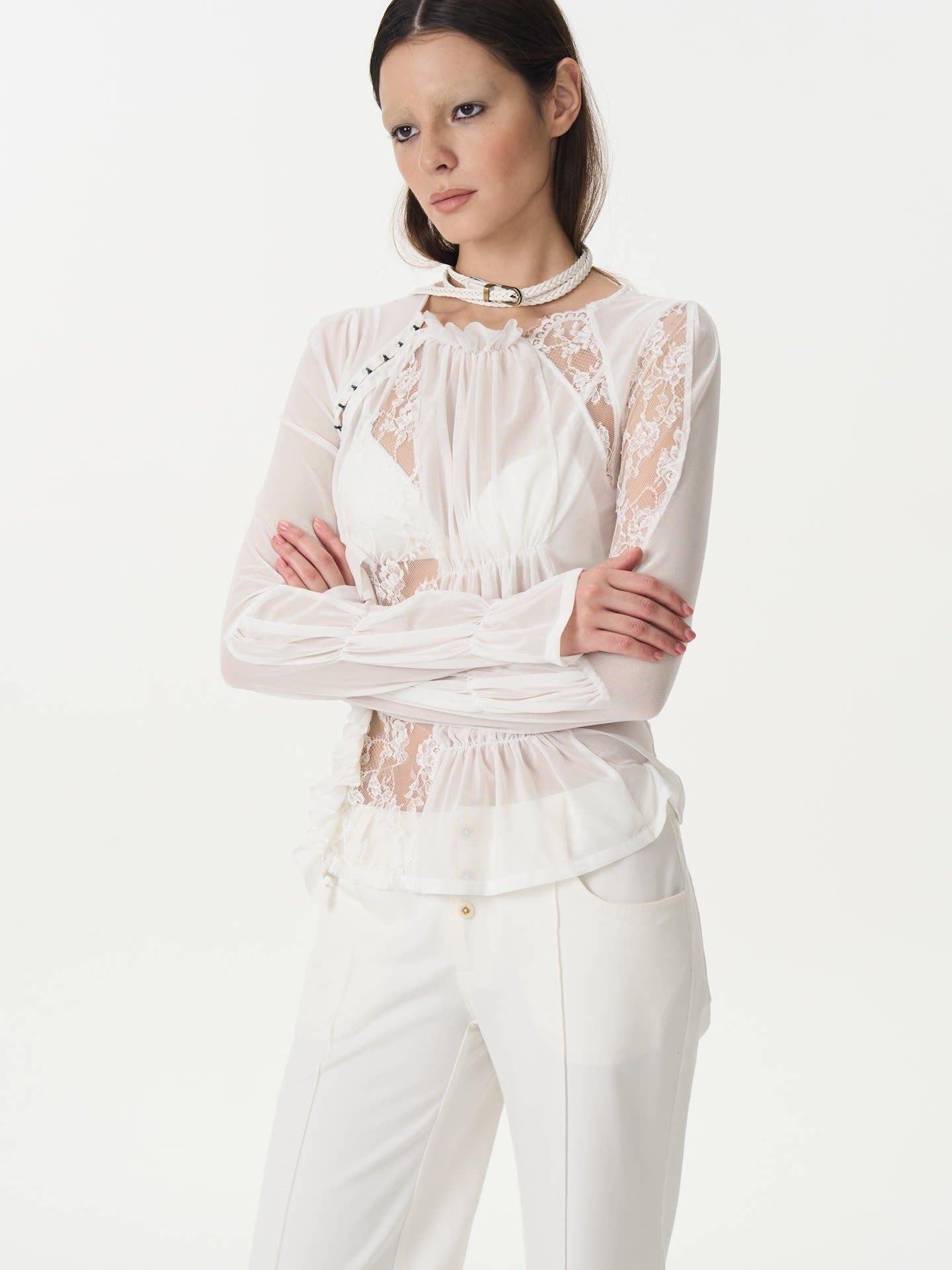 popoop White Hook Button Mesh Lace Ruched Women&