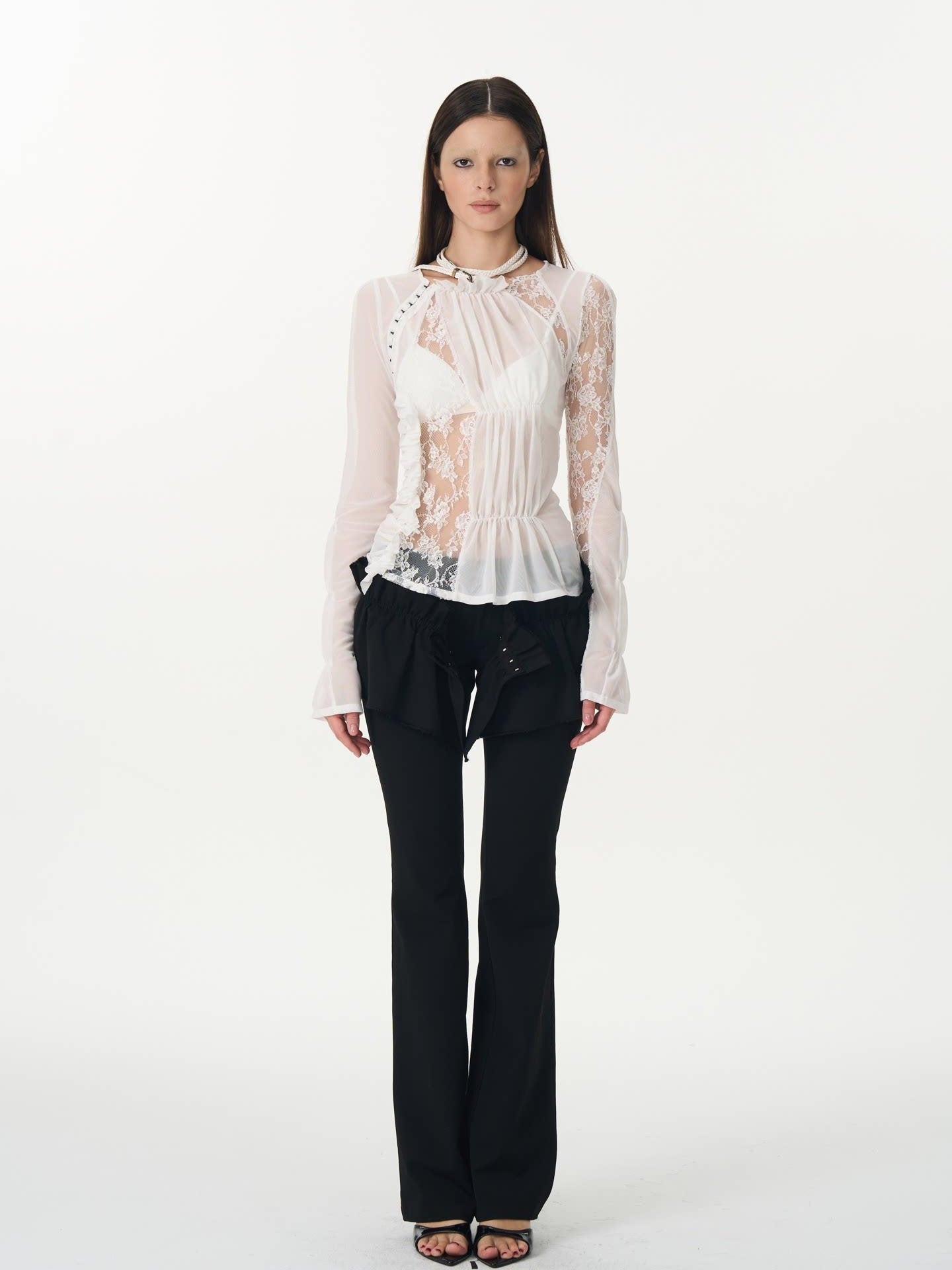 popoop White Hook Button Mesh Lace Ruched Women&