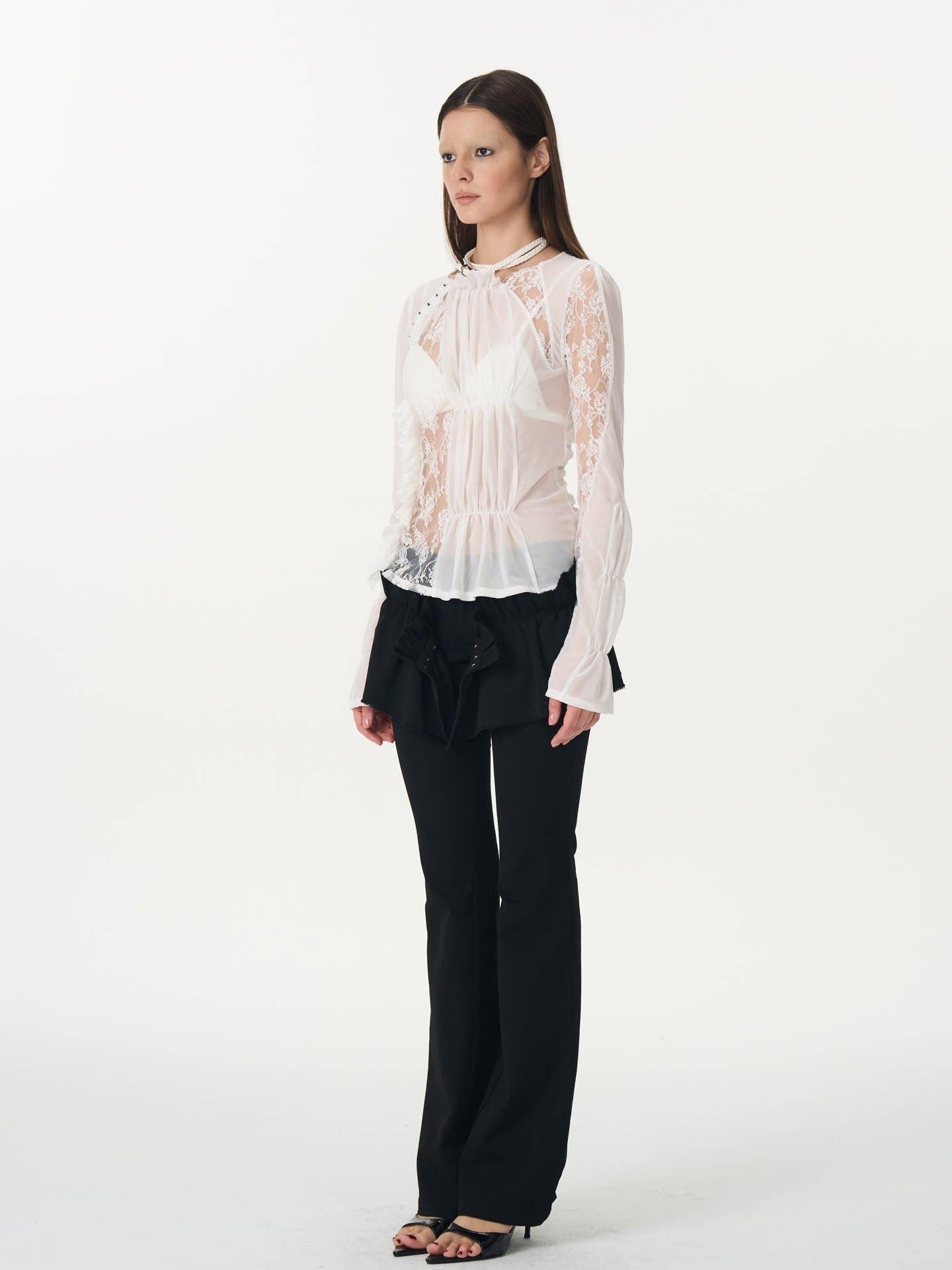 popoop White Hook Button Mesh Lace Ruched Women&