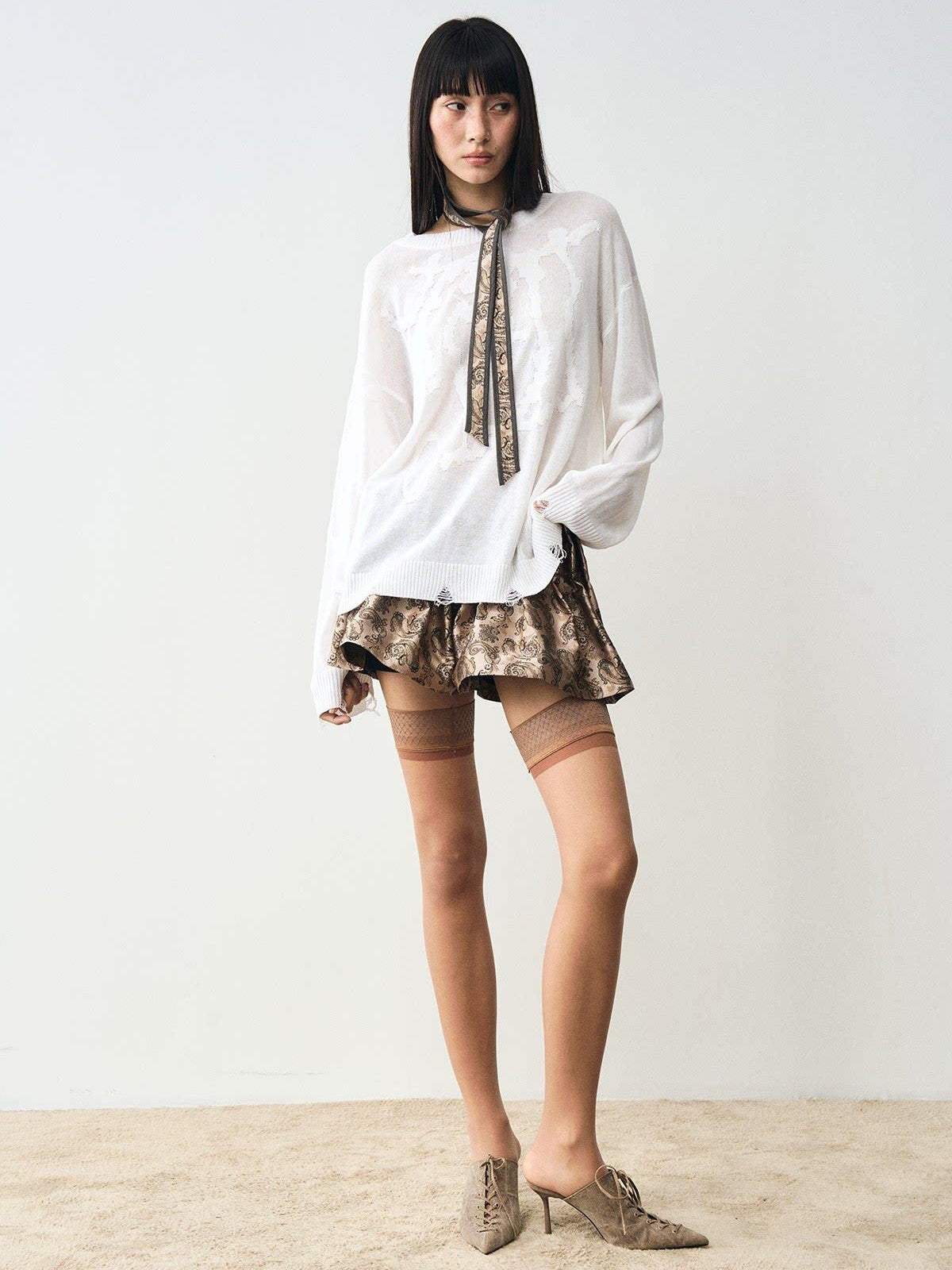 popoop White Jacquard Sheer Distressed Hem Women&