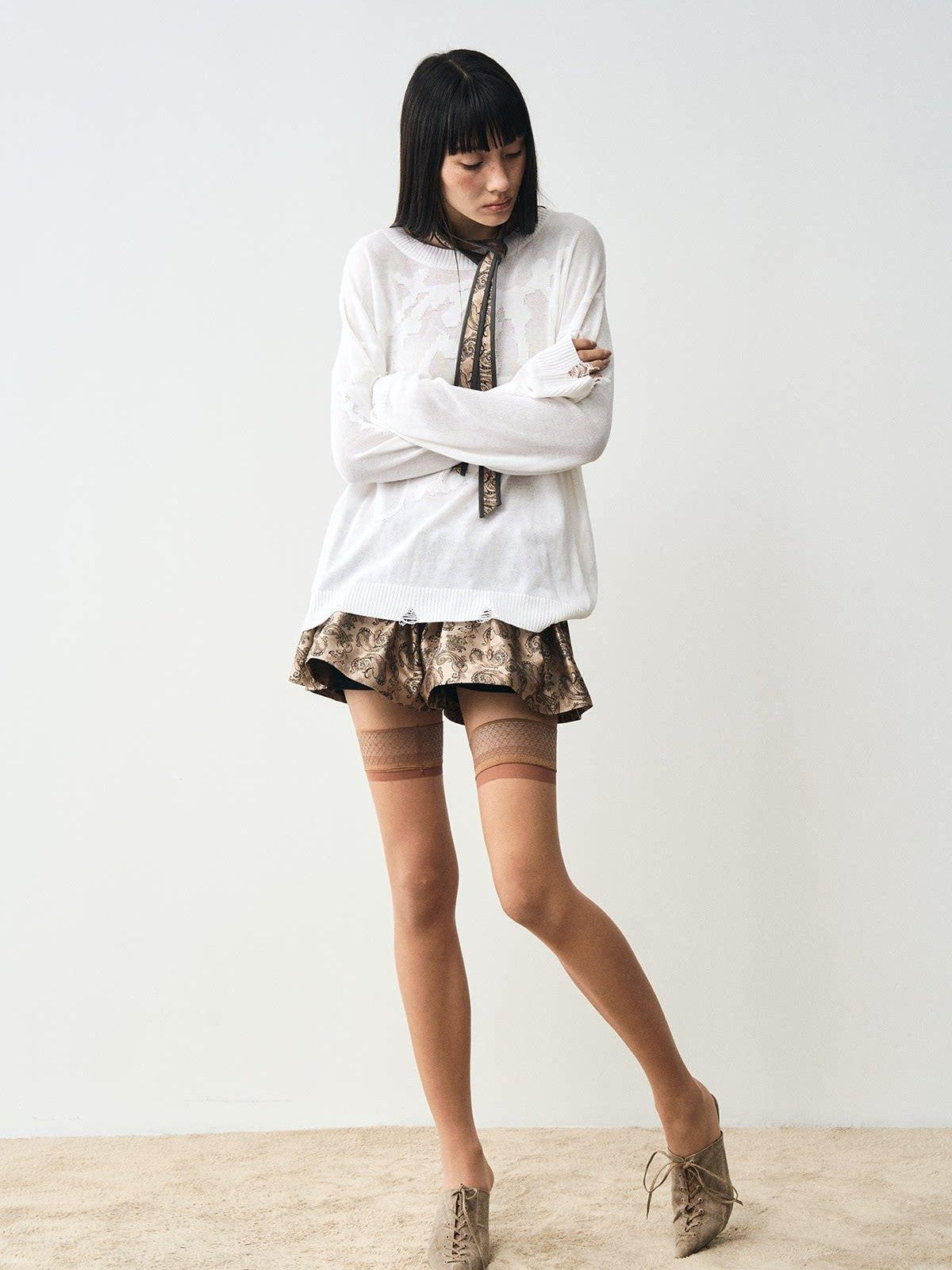 popoop White Jacquard Sheer Distressed Hem Women&