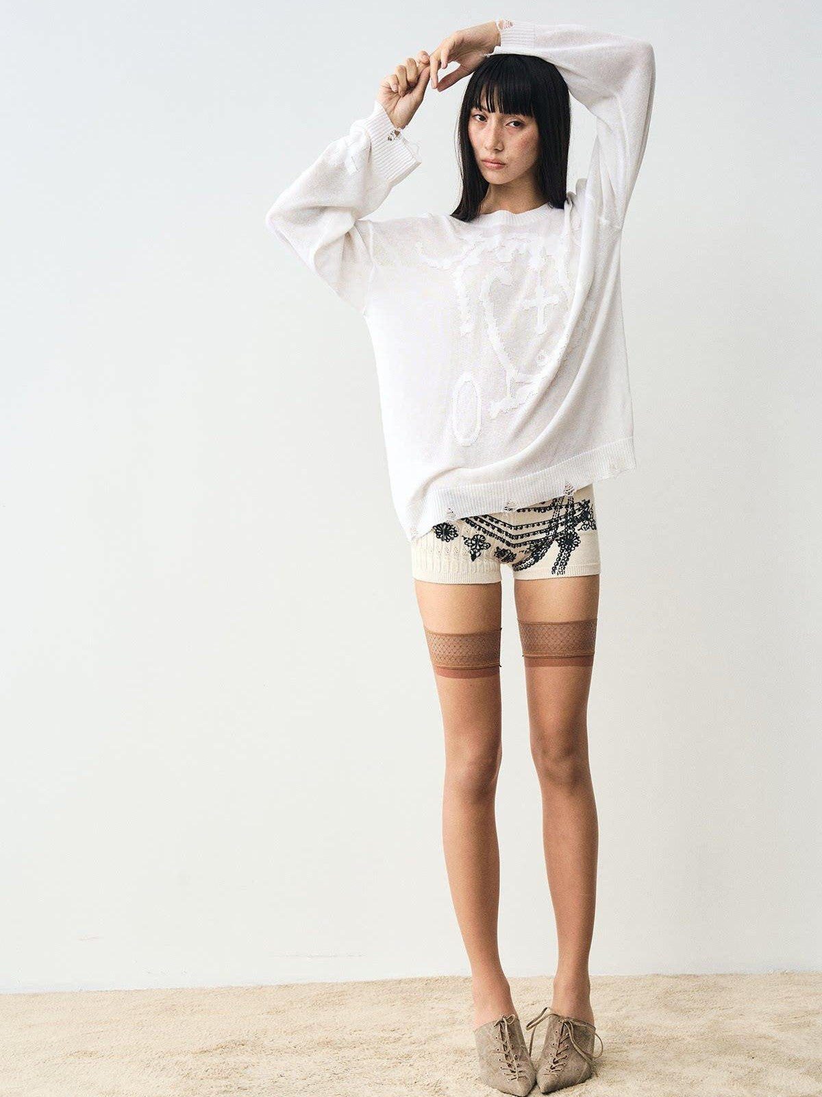 popoop White Jacquard Sheer Distressed Hem Women&