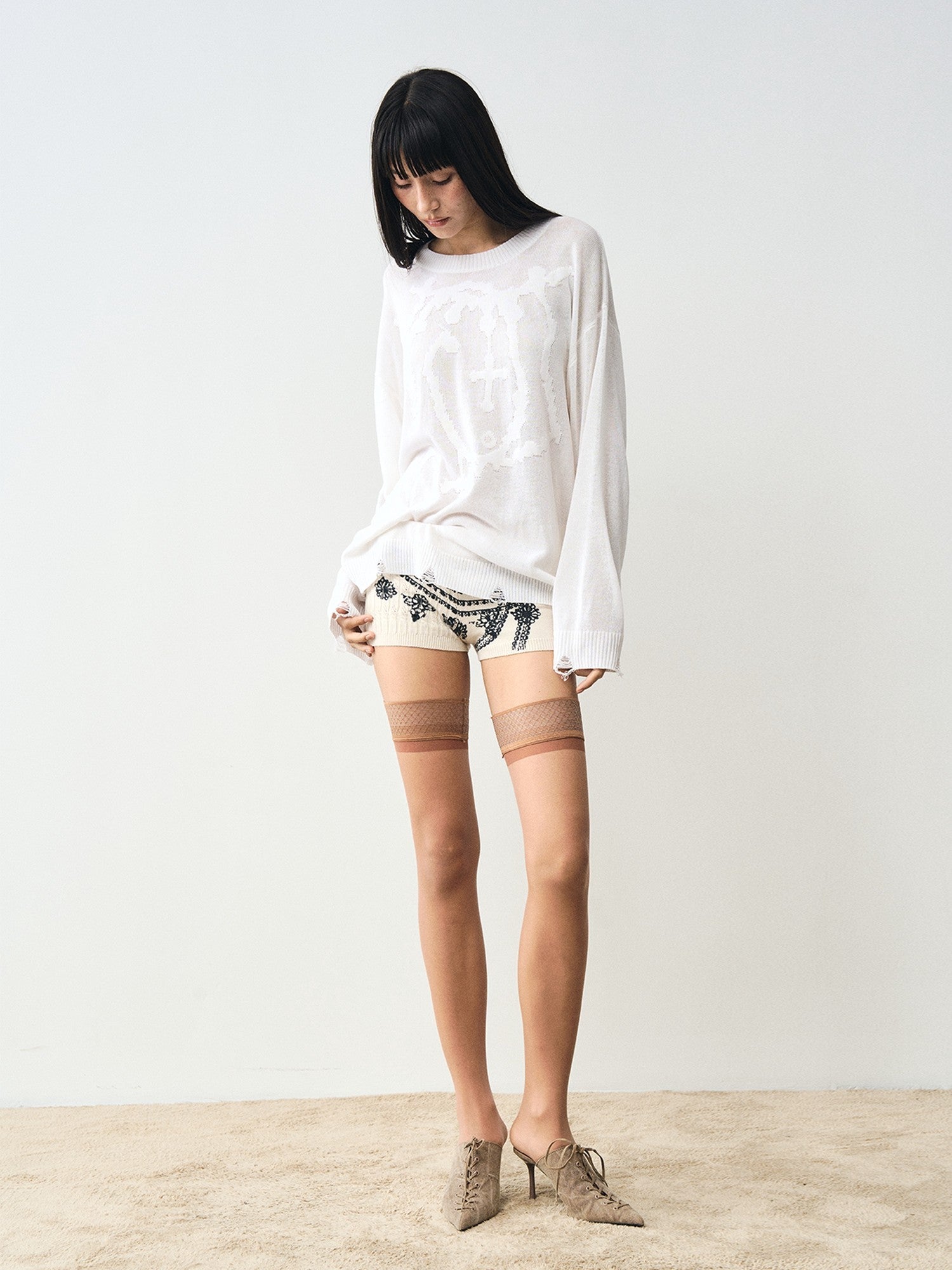 popoop White Jacquard Sheer Distressed Hem Women&