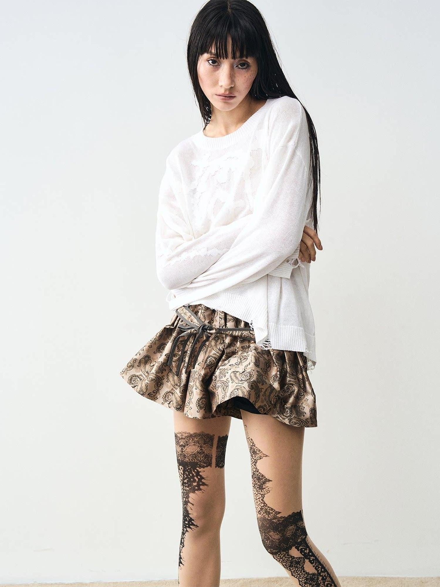 popoop White Jacquard Sheer Distressed Hem Women&