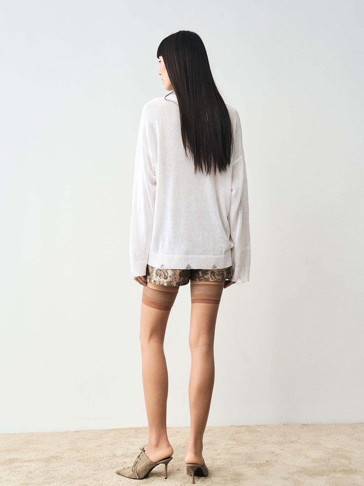 popoop White Jacquard Sheer Distressed Hem Women&