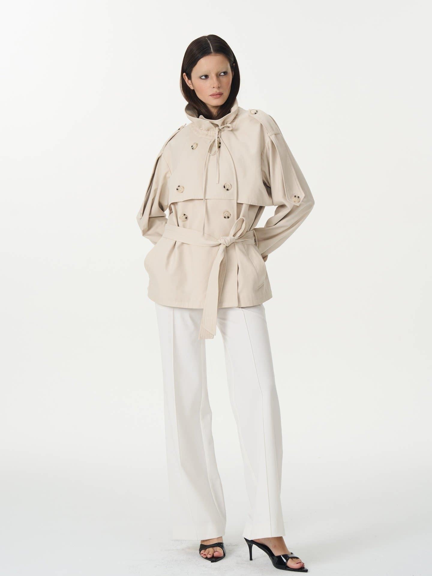 popoop White Mid Rise Relaxed Draped Silhouette Wide Leg Women&