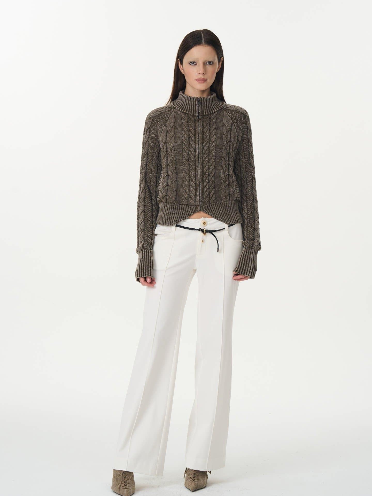 popoop White Mid Rise Relaxed Draped Silhouette Wide Leg Women&