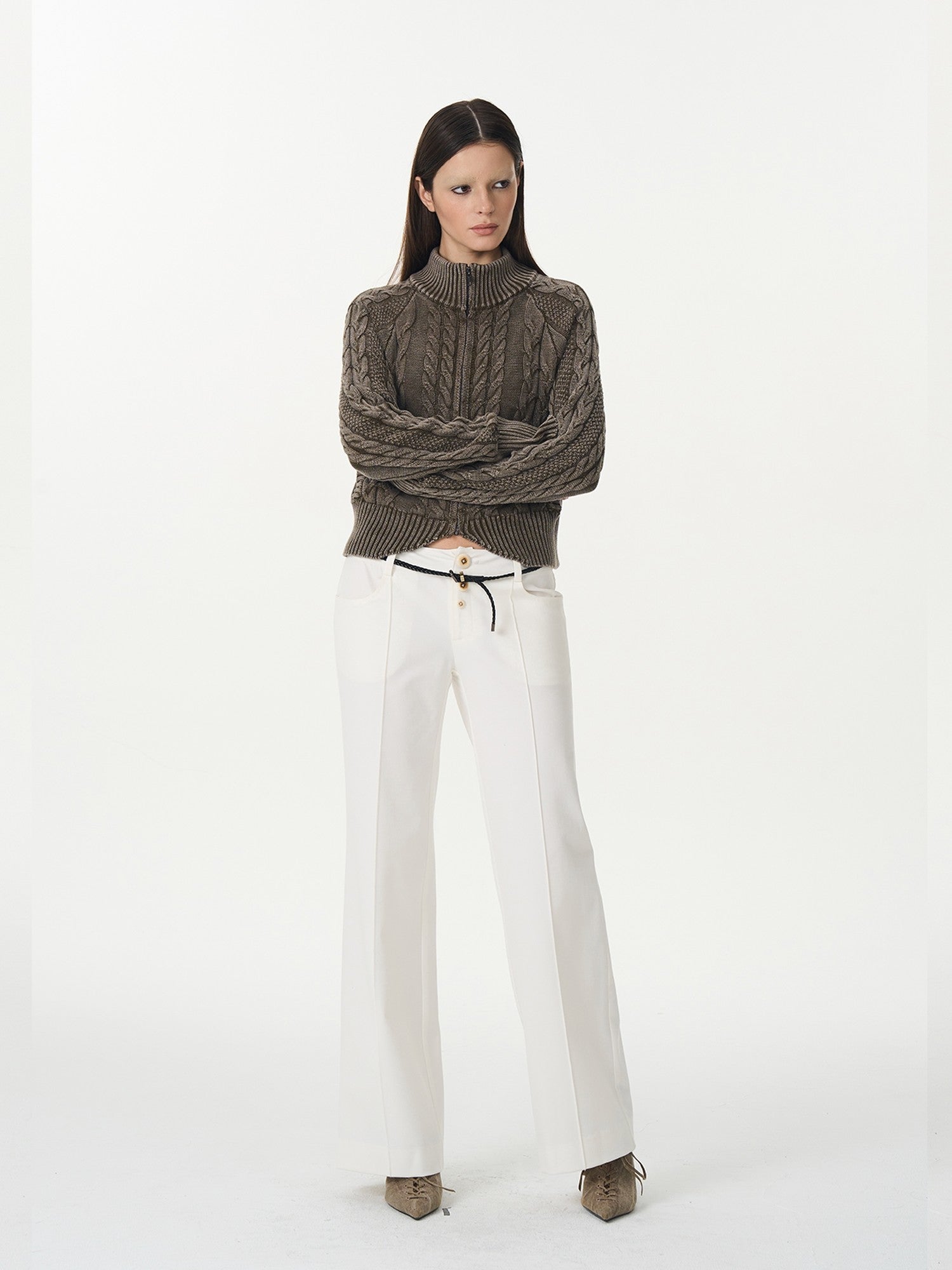popoop White Mid Rise Relaxed Draped Silhouette Wide Leg Women&
