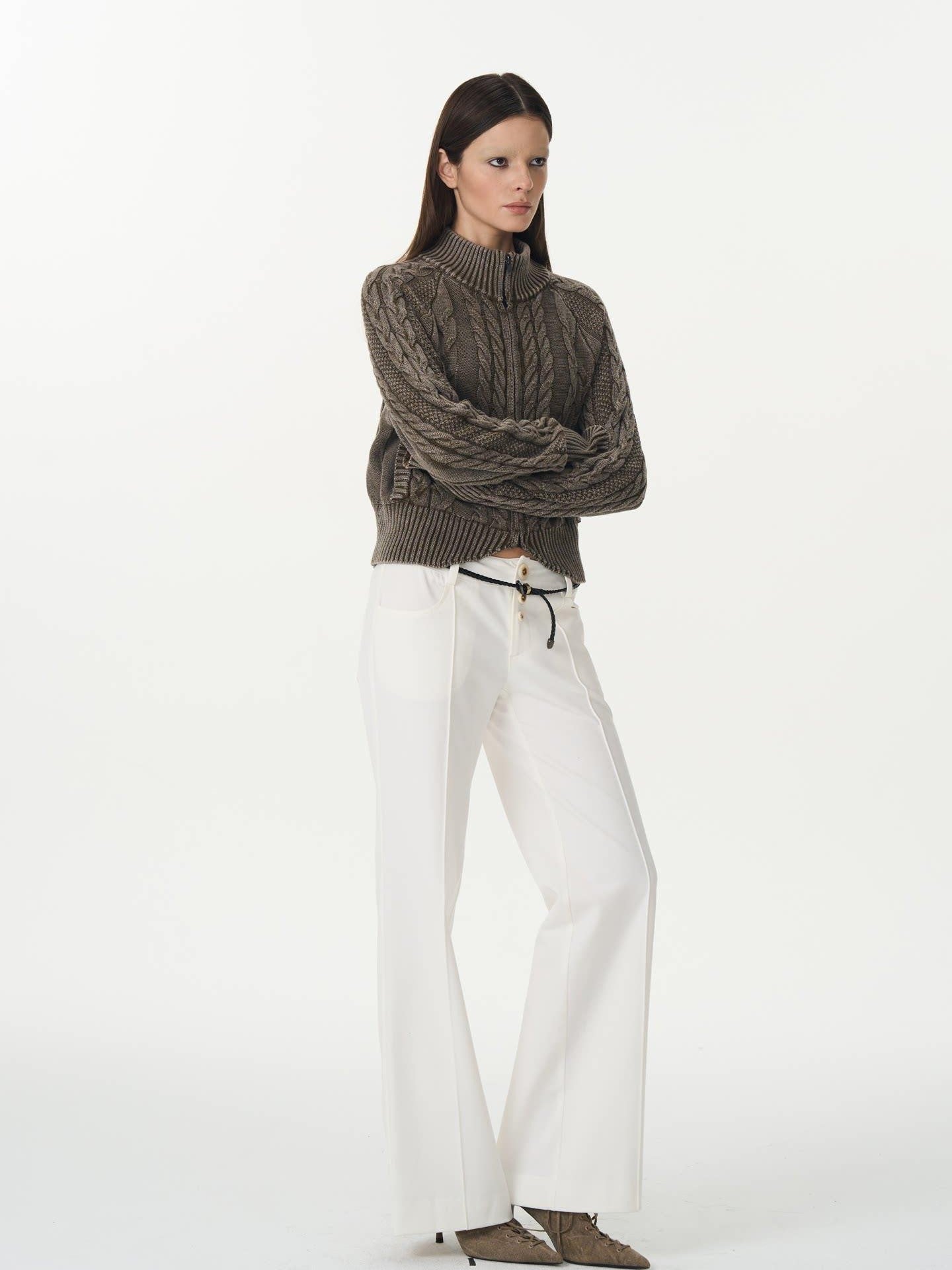 popoop White Mid Rise Relaxed Draped Silhouette Wide Leg Women&