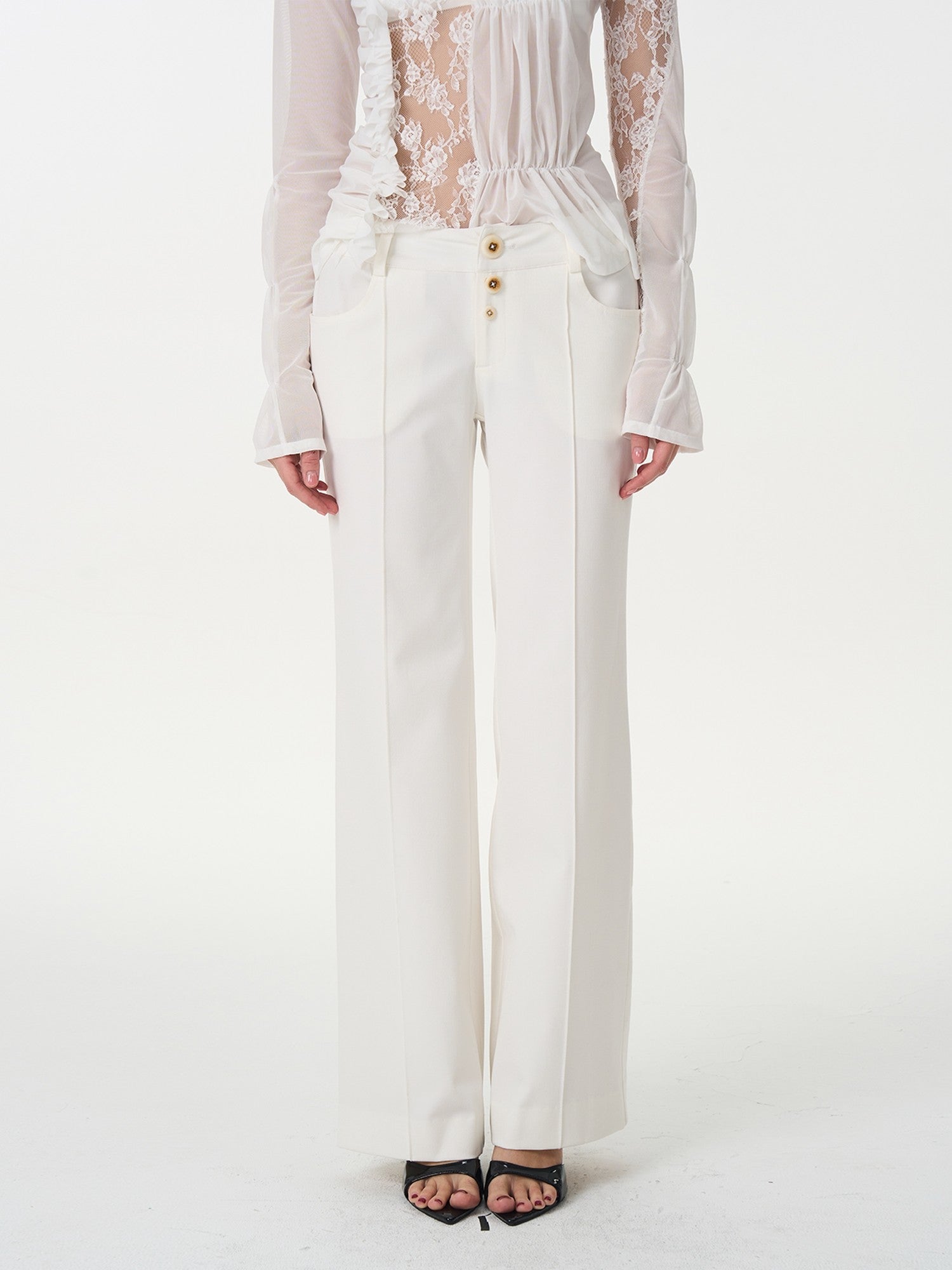 popoop White Mid Rise Relaxed Draped Silhouette Wide Leg Women&