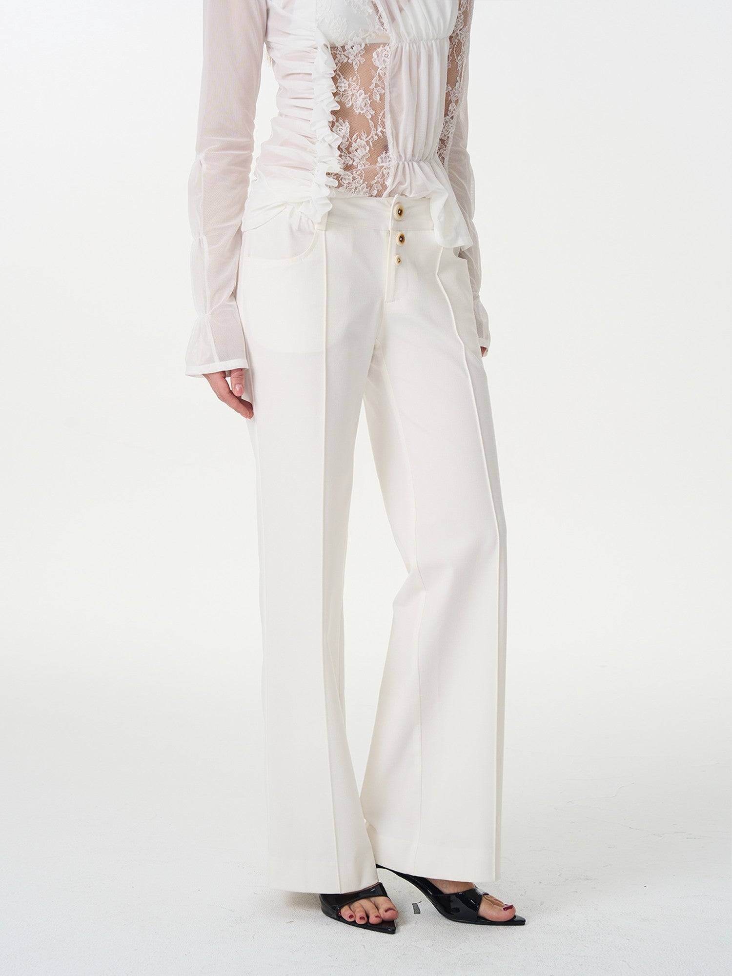 popoop White Mid Rise Relaxed Draped Silhouette Wide Leg Women&