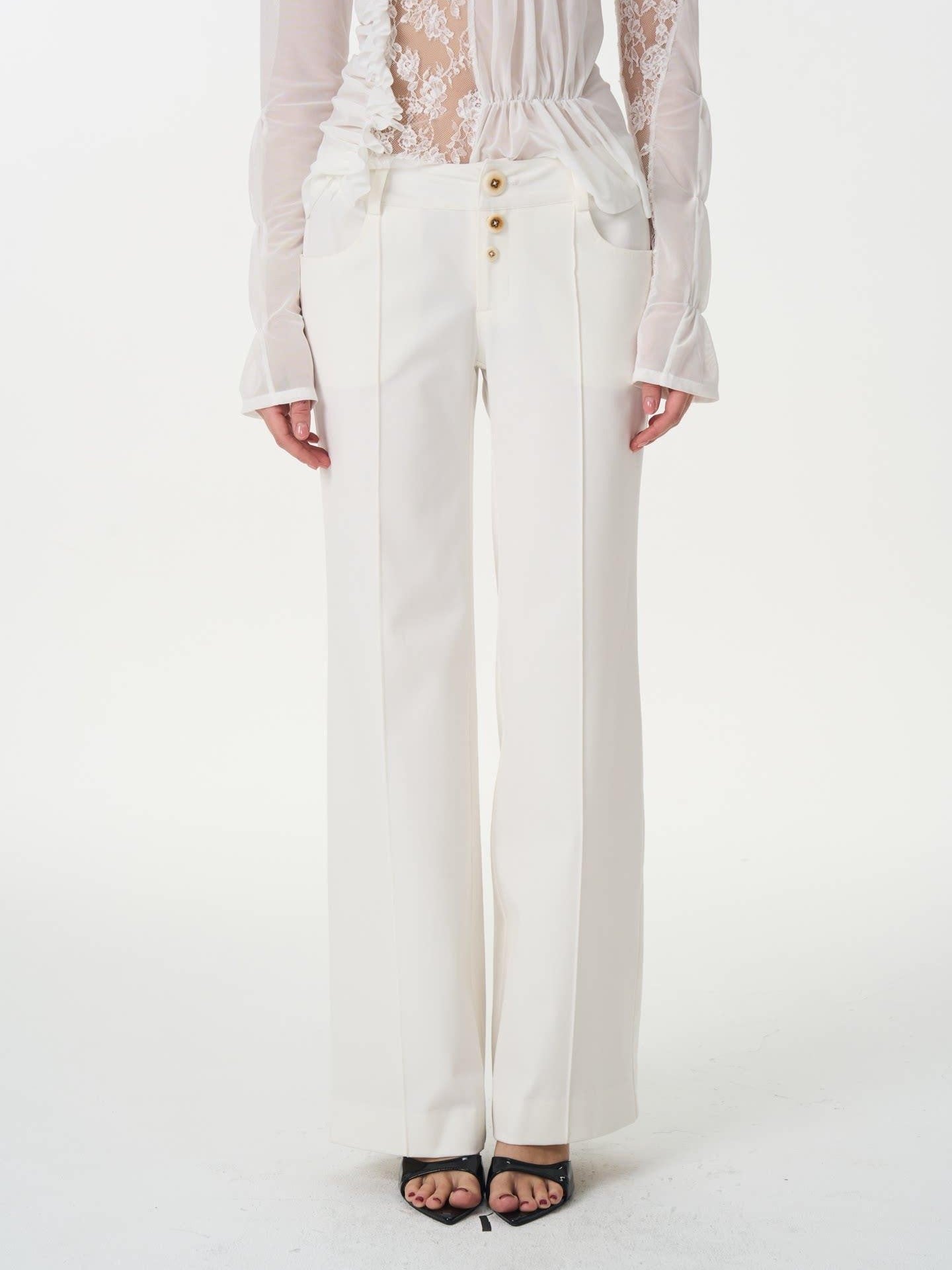 popoop White Mid Rise Relaxed Draped Silhouette Wide Leg Women&