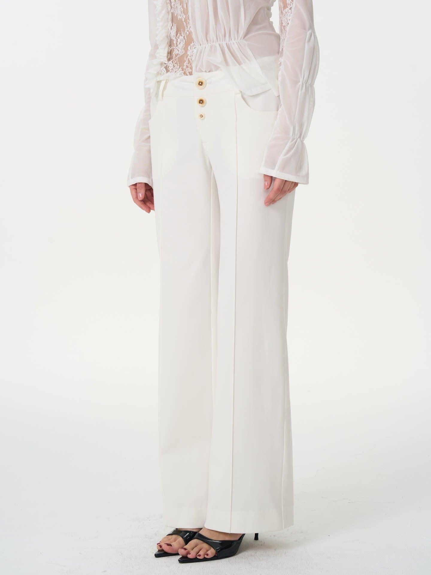 popoop White Mid Rise Relaxed Draped Silhouette Wide Leg Women&