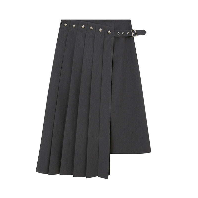 DIDDI MODA Asymmetric Pleated Skirt With Metal Studs
