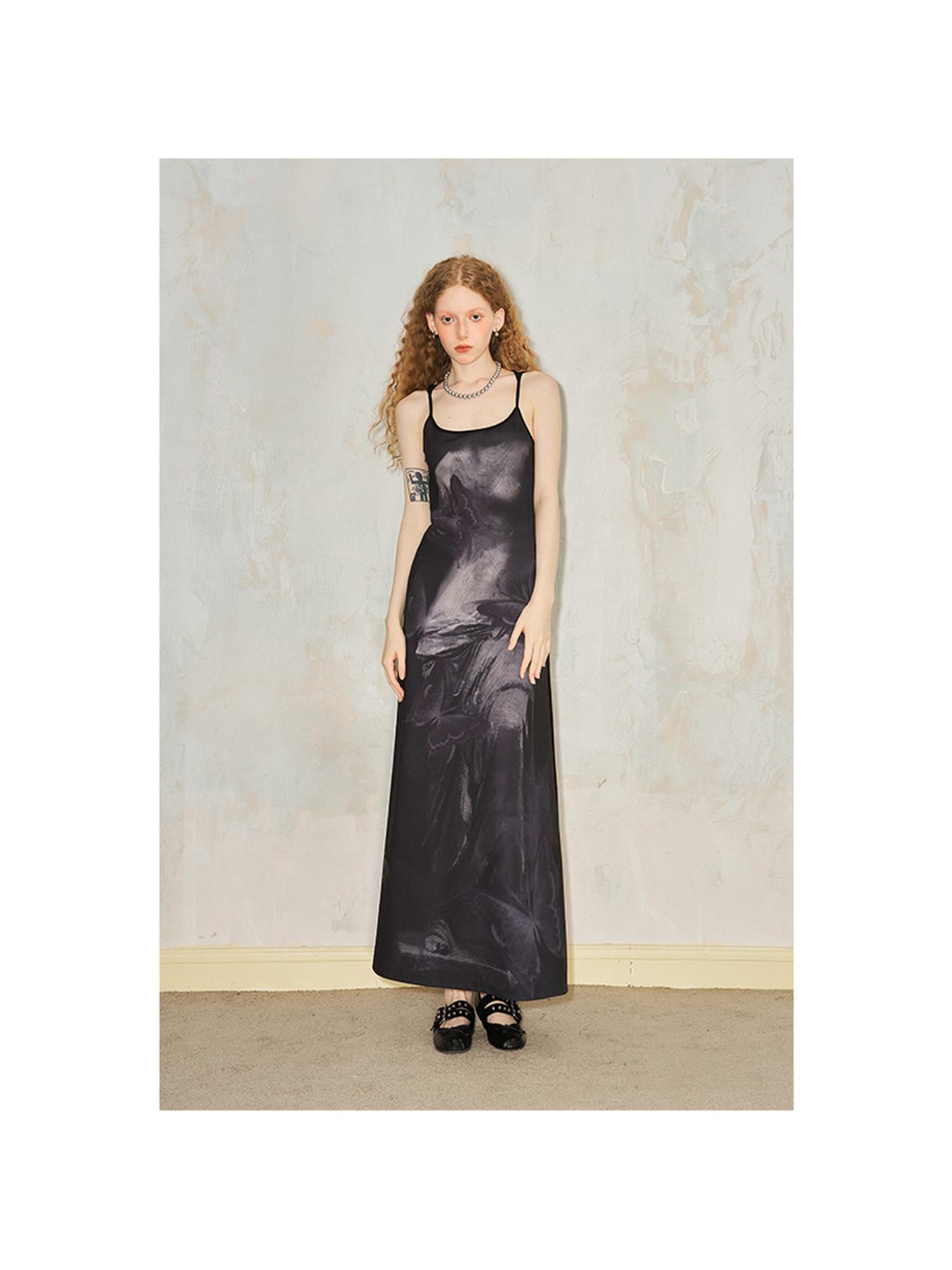 DIDDI MODA Venus Butterfly Print Slim Knit Strap Summer Dress