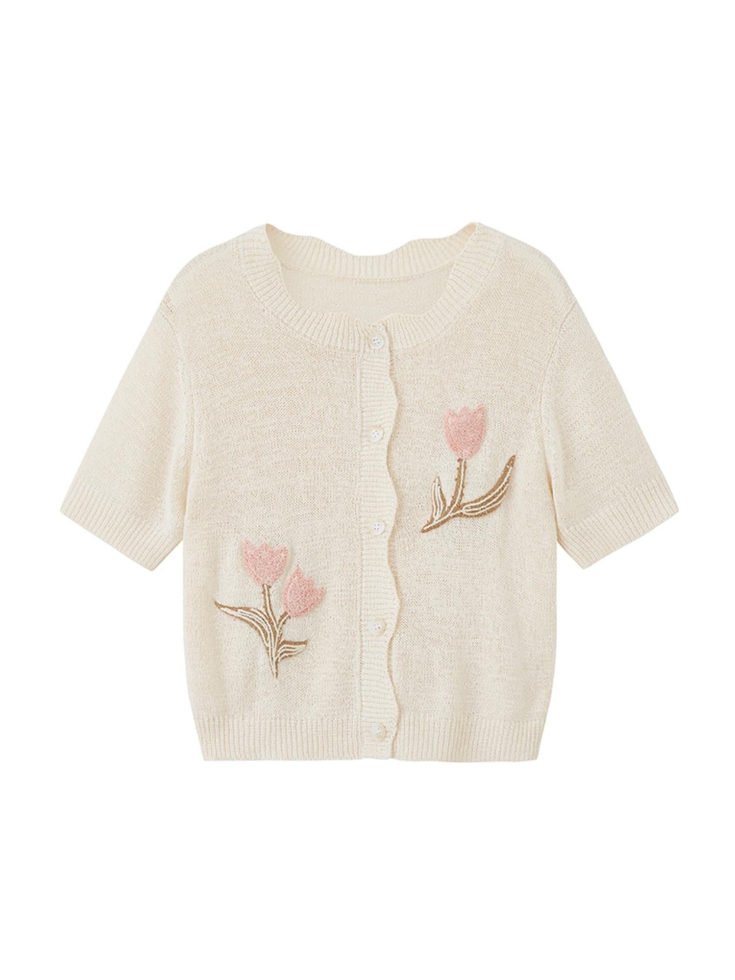 DIDDI MODA Floral Tulip Embroidered Wave Edge Knit Cardigan