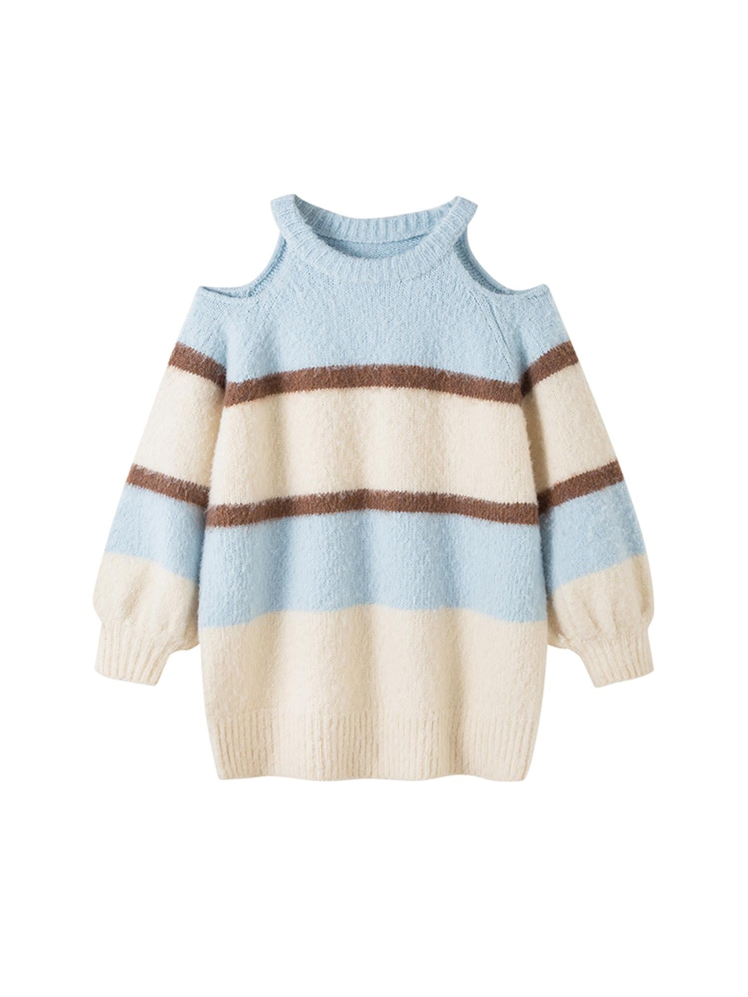 DIDDI MODA Soft Striped Knit Sweater With Colorblock Shoulder Cutout