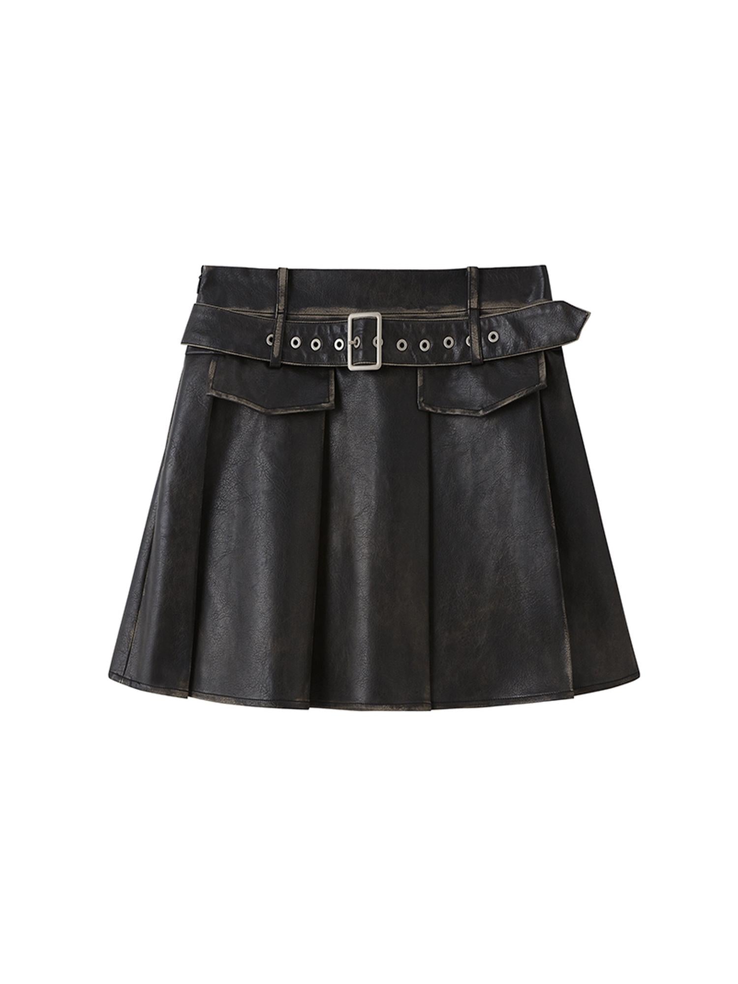 DIDDI MODA Vintage Distressed Pu Pleated Skirt With Studded Belt