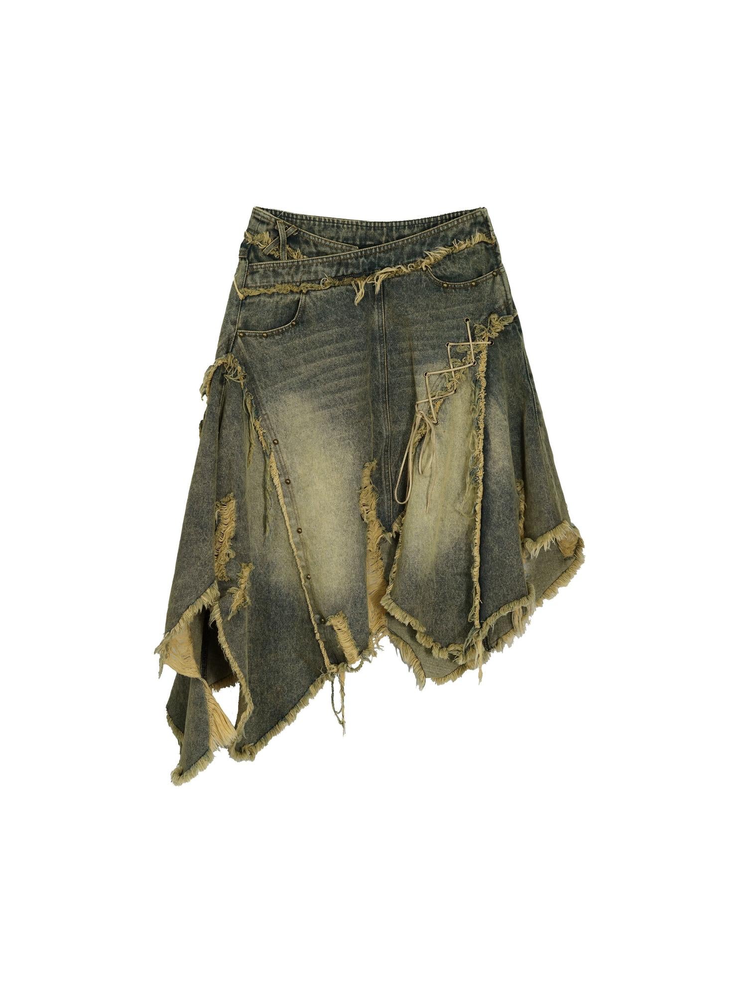 Cest Nous Deconstructed Patchwork Ripped Raw Hem Denim Dress