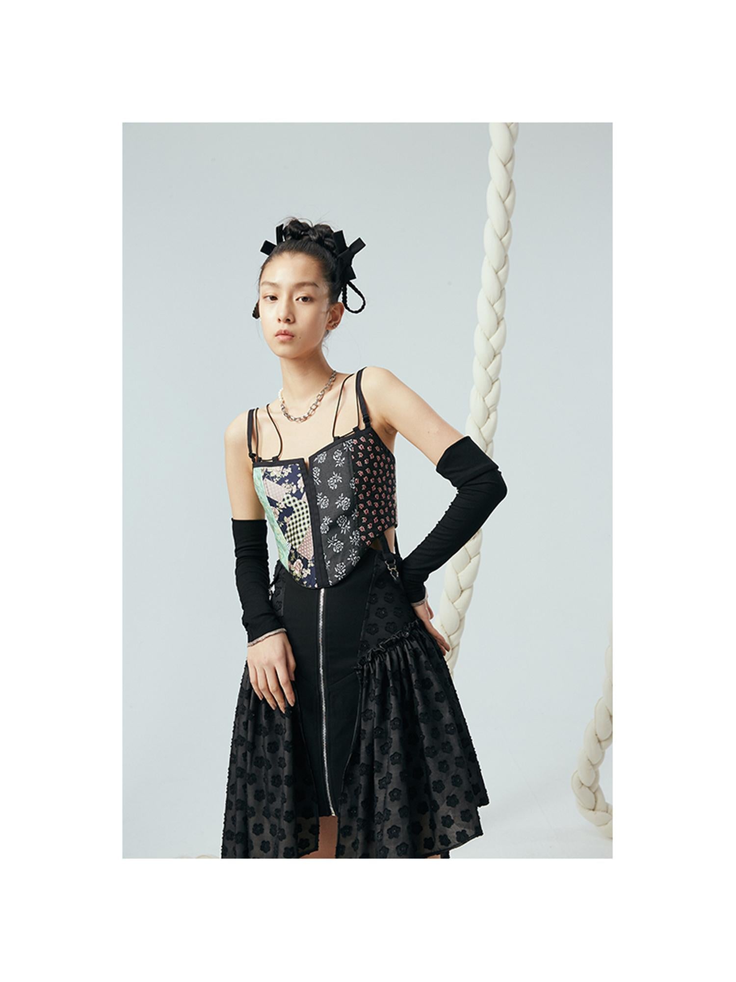 DIDDI MODA Lace Up Floral Jacquard Corset Top