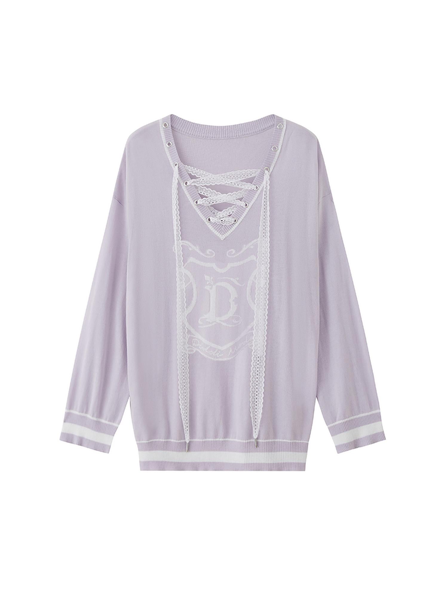 DIDDI MODA Vintage Lace Up V Neck Knit Top With Embroidered Crest