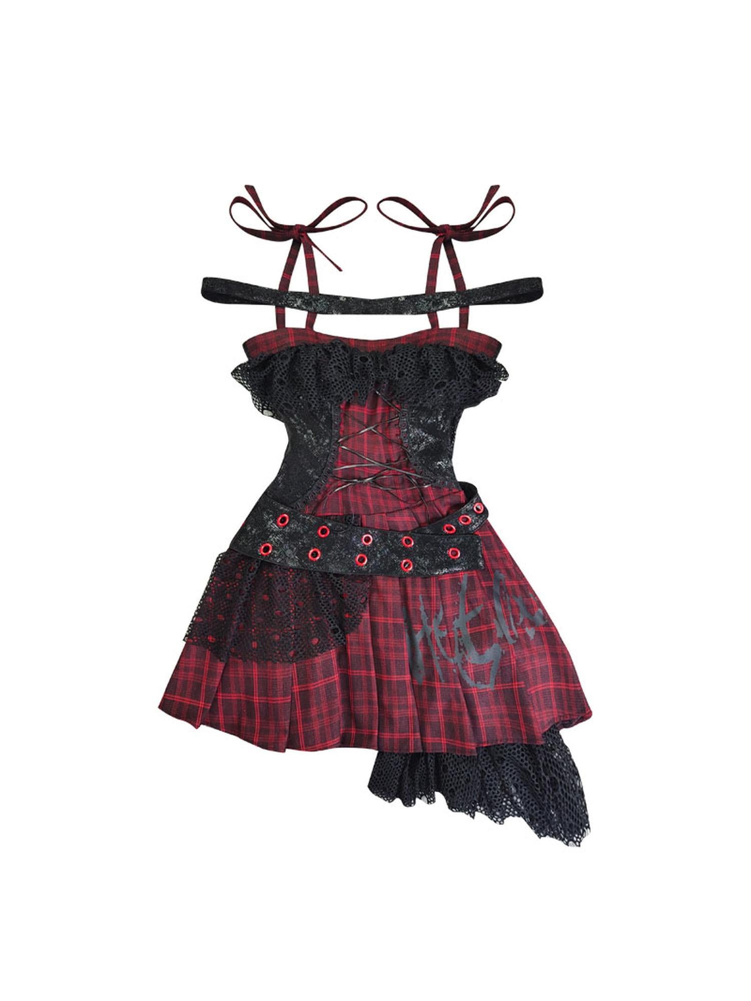 WSW WUSHENWU Magic Rhythm Rock Tartan Strap Dress
